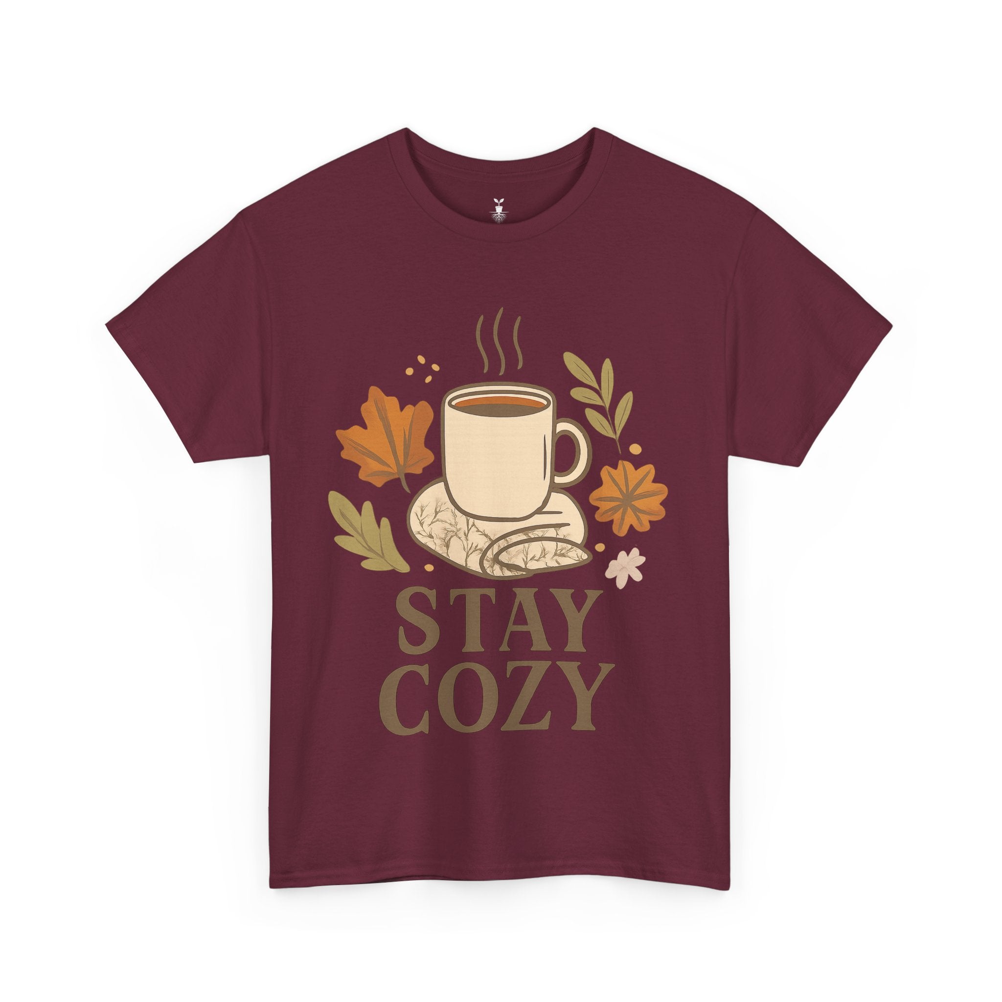 Stay Cozy with Coffee Mug, Blanket, and Falling Leaves T-Shirt