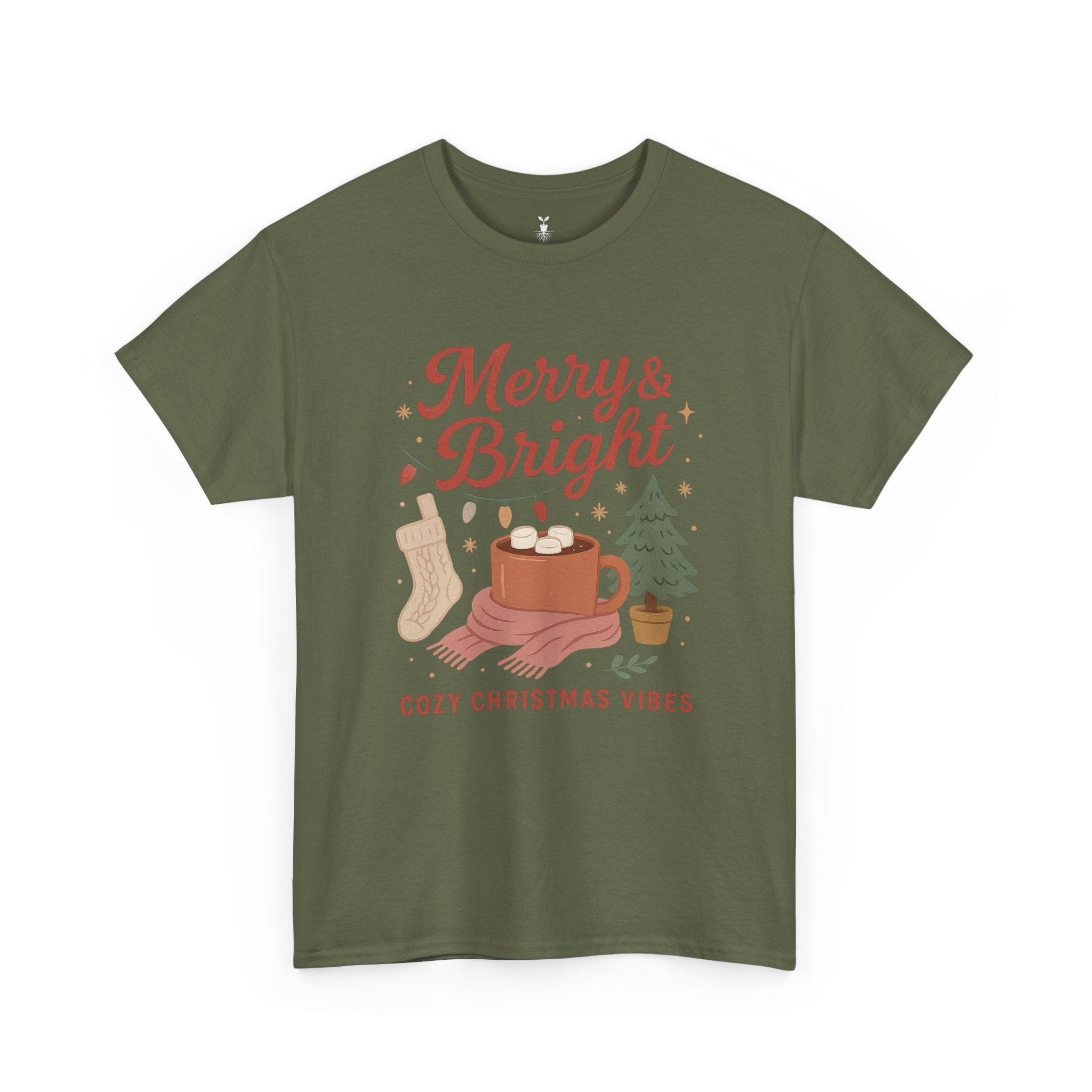Merry & Bright  Featuring Cocoa Mug, Festive Tree, Autumn Leaves, and Cozy Holiday Vibes T-Shirt