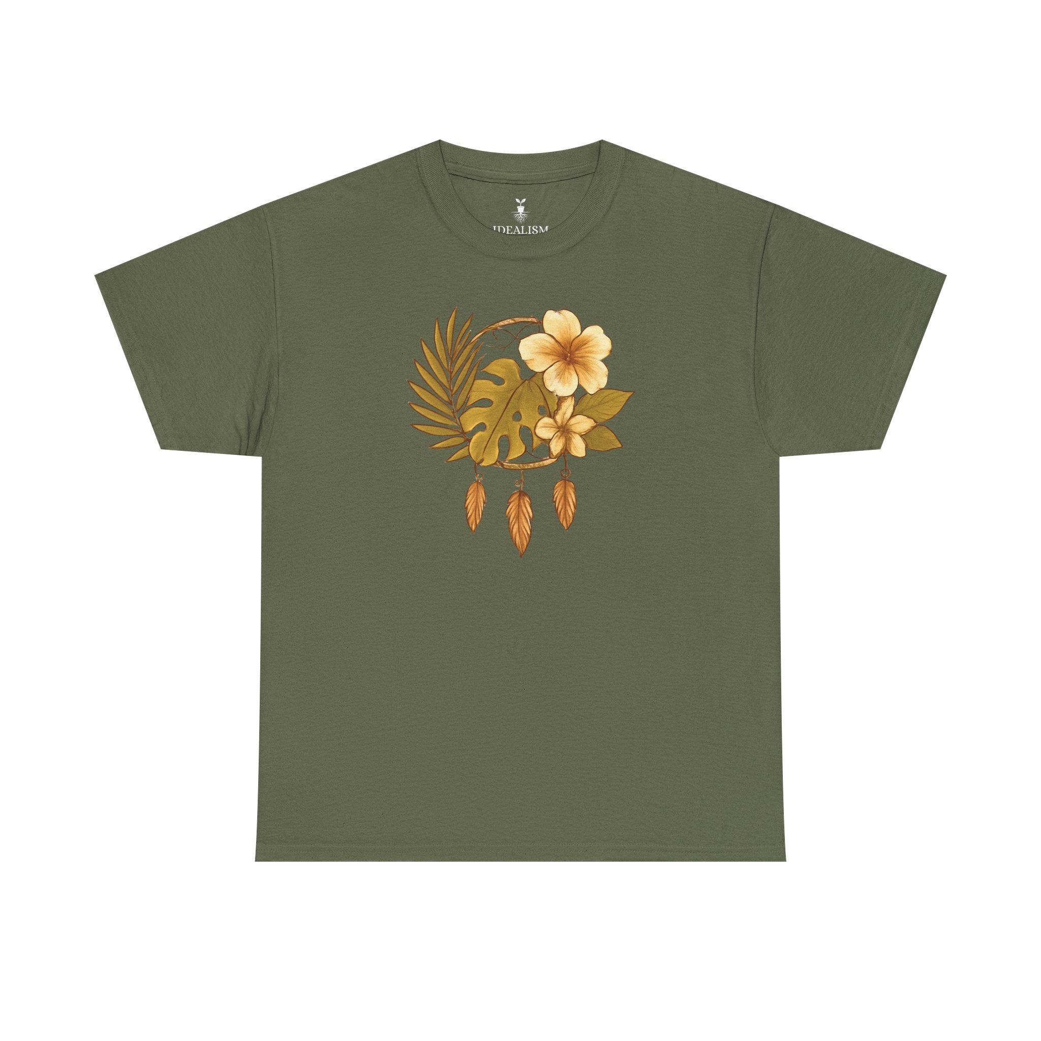 Bohemian Floral Graphic Tee – Tropical Hibiscus with Monstera Leaves and Feathers Design, Aesthetic Nature Shirt