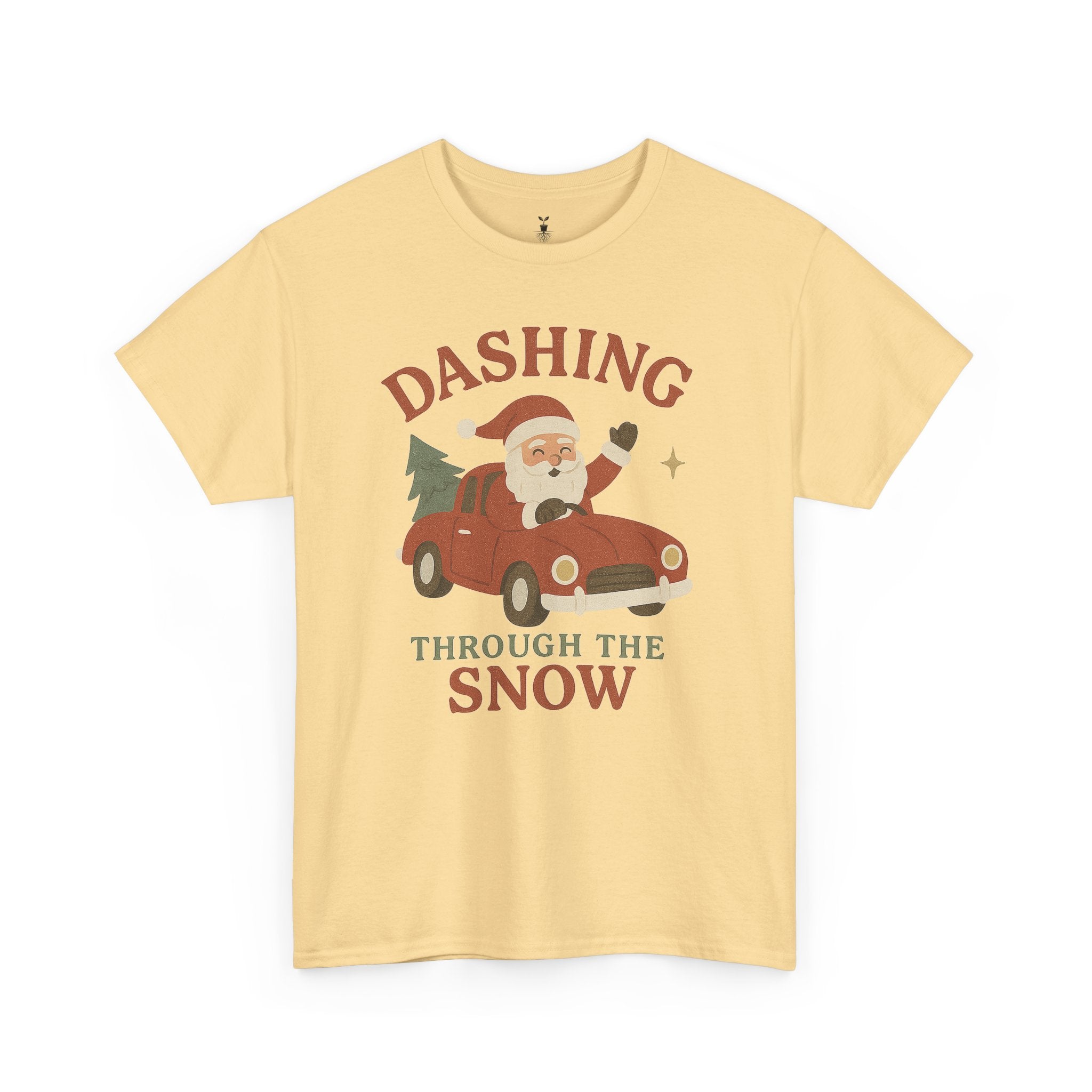 Retro Santa Dashing Through Snow Heavy Cotton T-Shirt – Fun Christmas Graphic with Santa, Car, and Christmas Tree Design