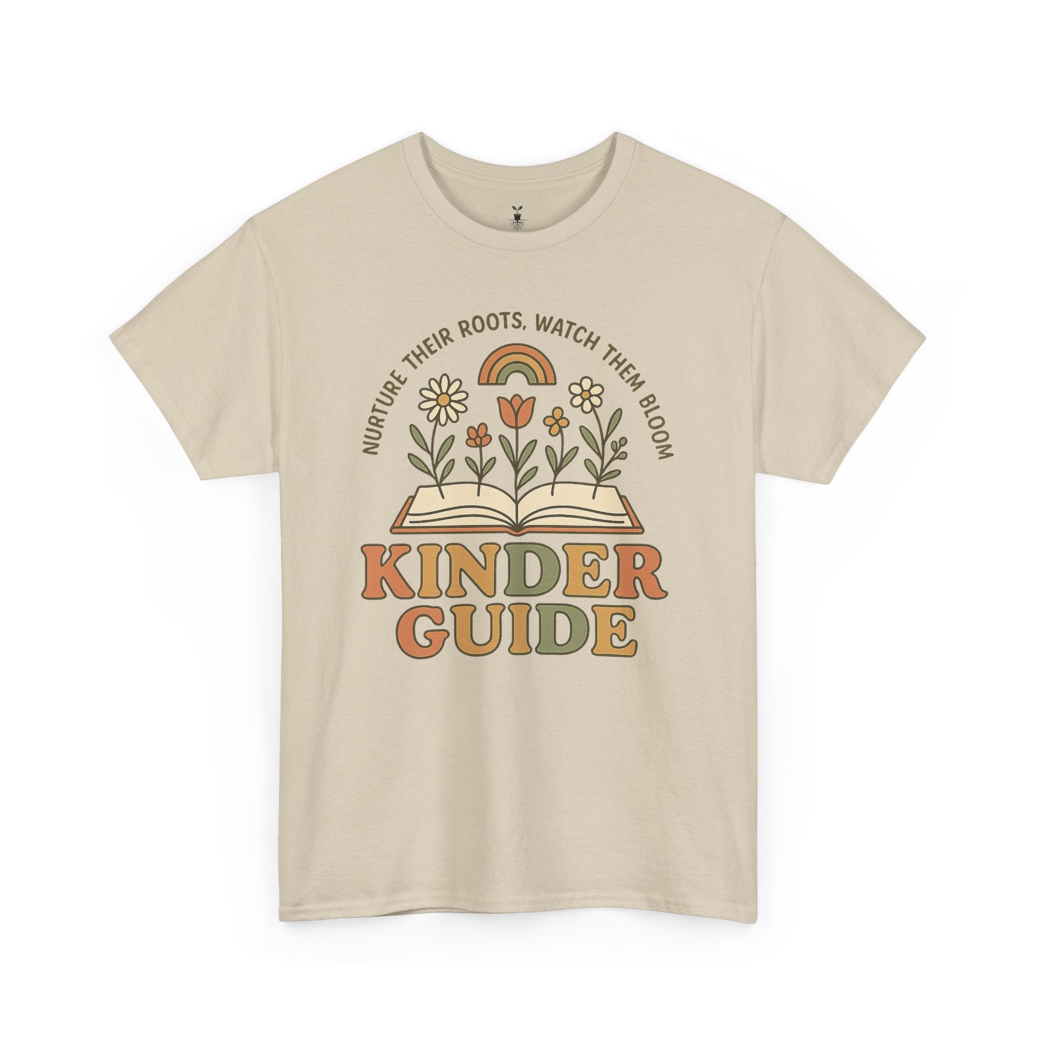 Retro Kinder Guide with Open Book, Blooming Flowers, and Rainbow Inspiration T-Shirt