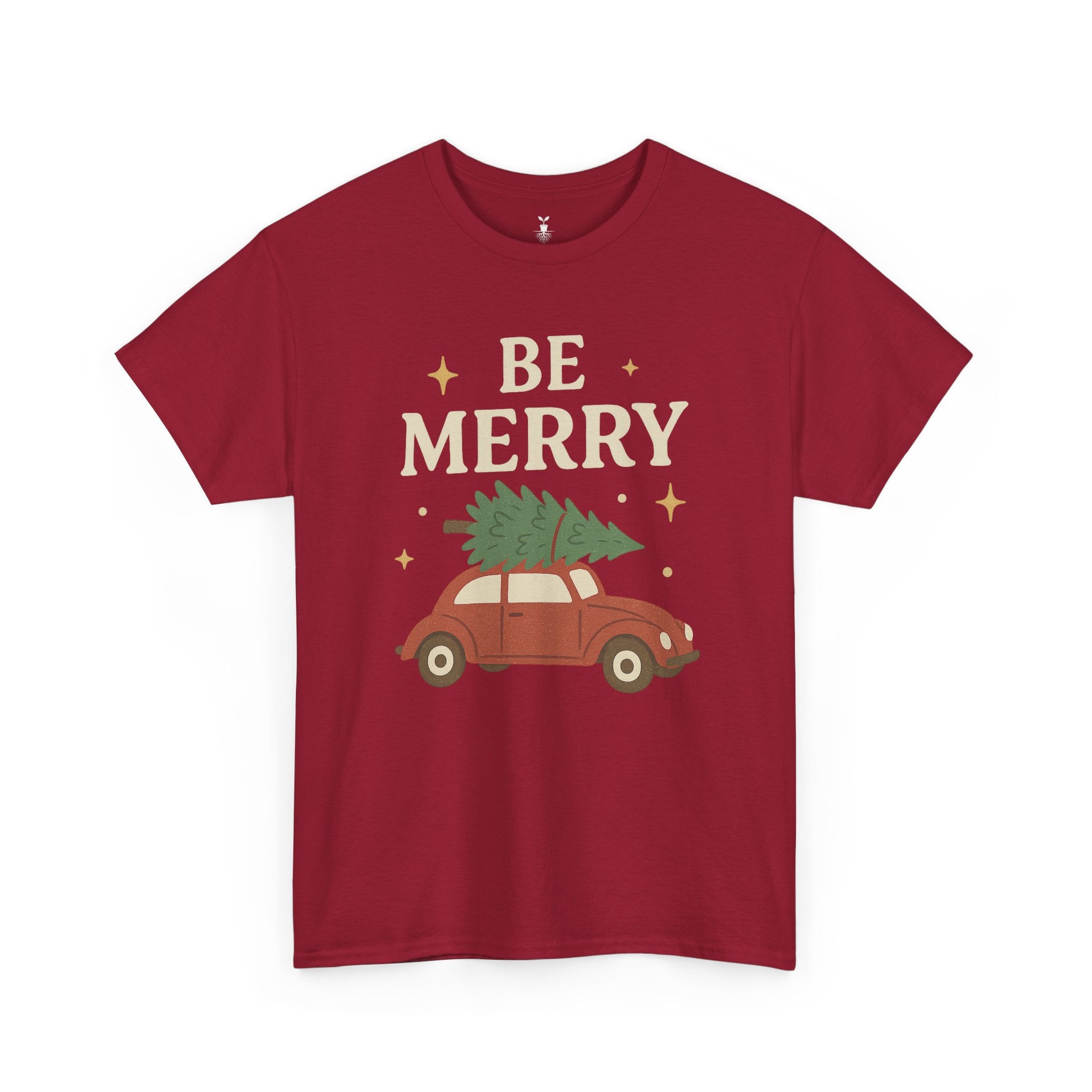 Retro Red Car Carrying Tree and Stars Be Merry Christmas T-Shirt