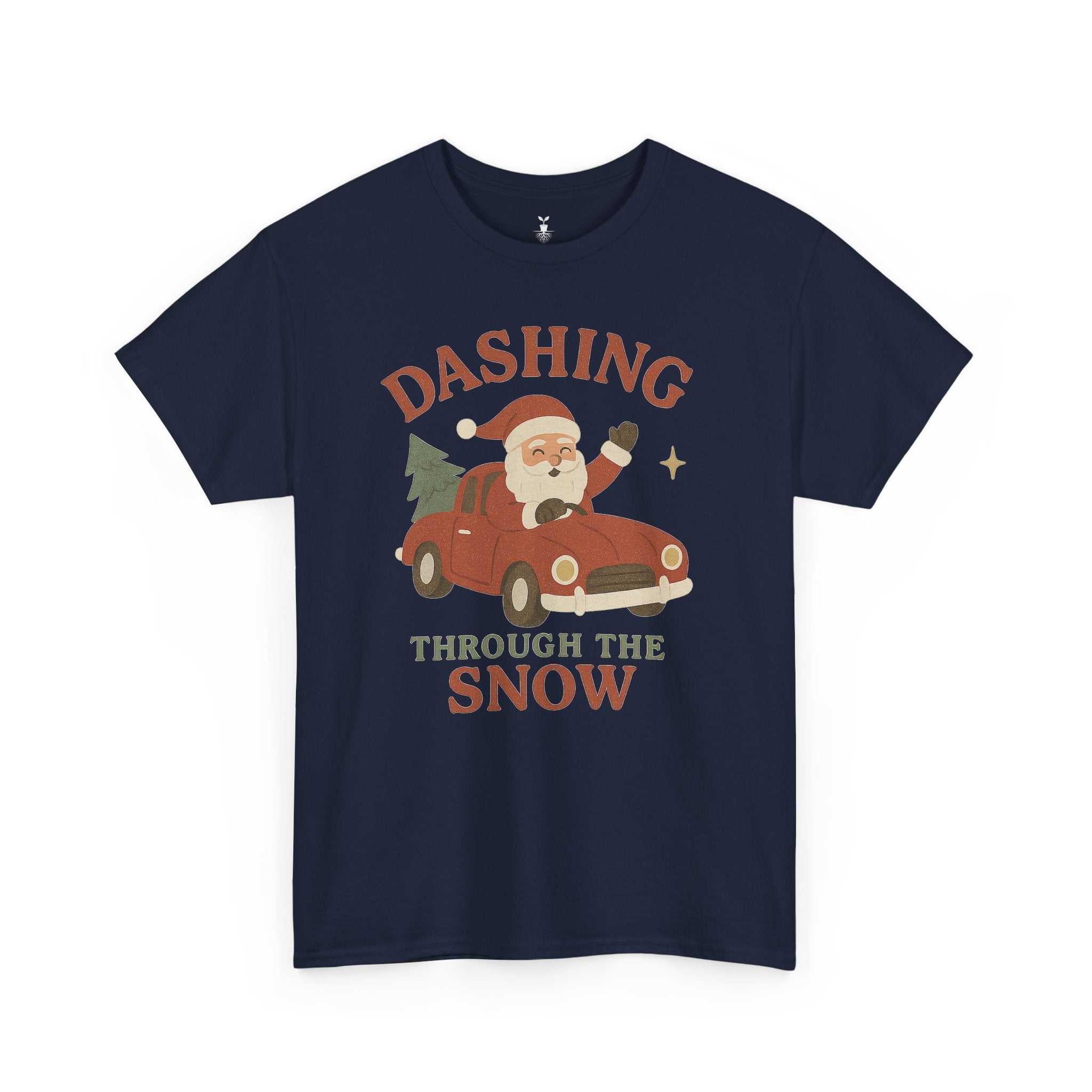 Retro Santa Dashing Through Snow Heavy Cotton T-Shirt – Fun Christmas Graphic with Santa, Car, and Christmas Tree Design