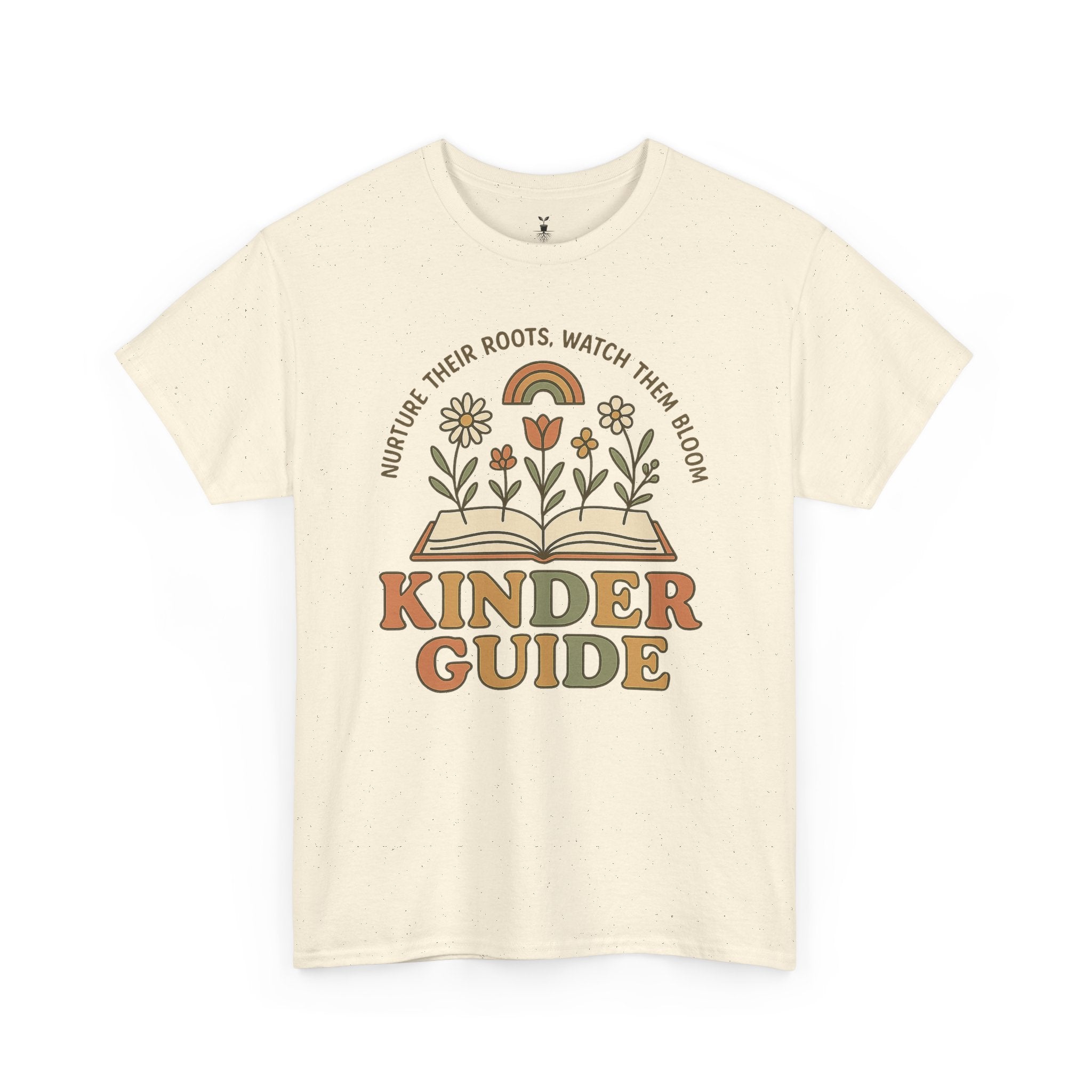 Retro Kinder Guide with Open Book, Blooming Flowers, and Rainbow Inspiration T-Shirt
