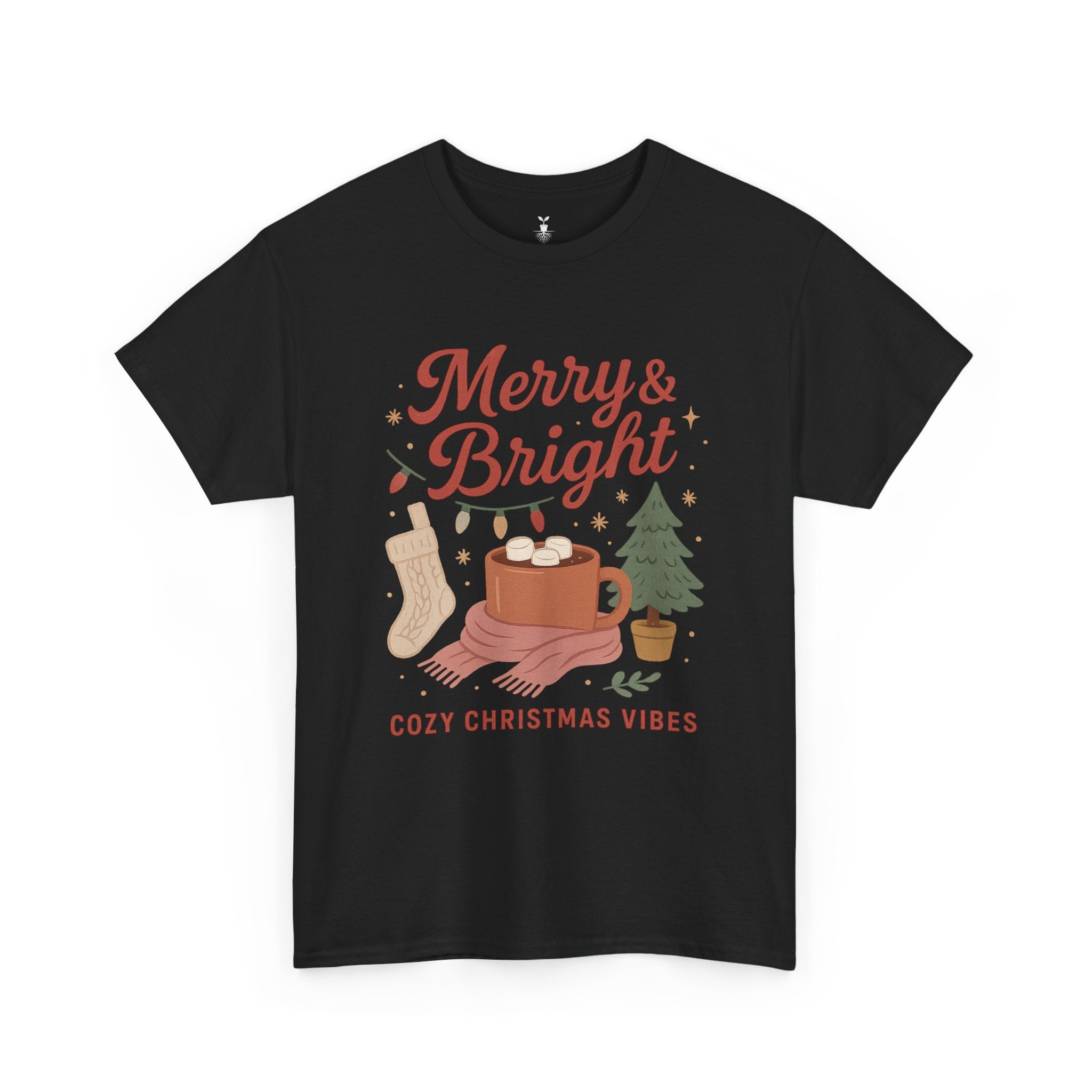 Merry & Bright  Featuring Cocoa Mug, Festive Tree, Autumn Leaves, and Cozy Holiday Vibes T-Shirt