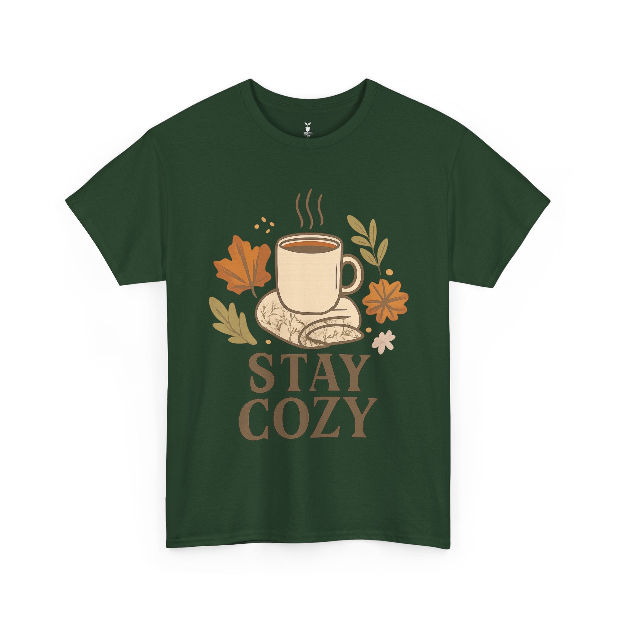 Stay Cozy with Coffee Mug, Blanket, and Falling Leaves T-Shirt