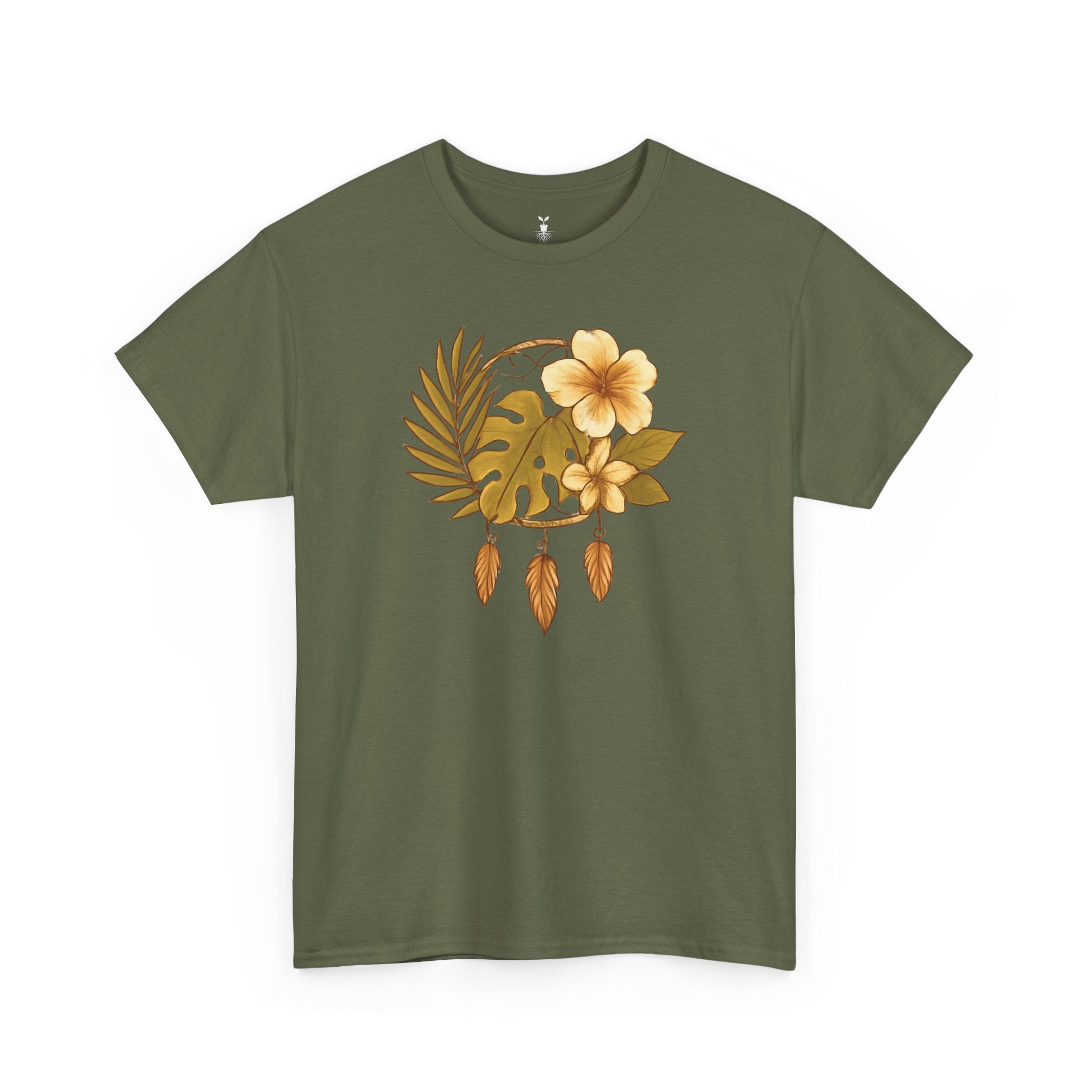 Bohemian Floral Graphic Tee – Tropical Hibiscus with Monstera Leaves and Feathers Design, Aesthetic Nature Shirt