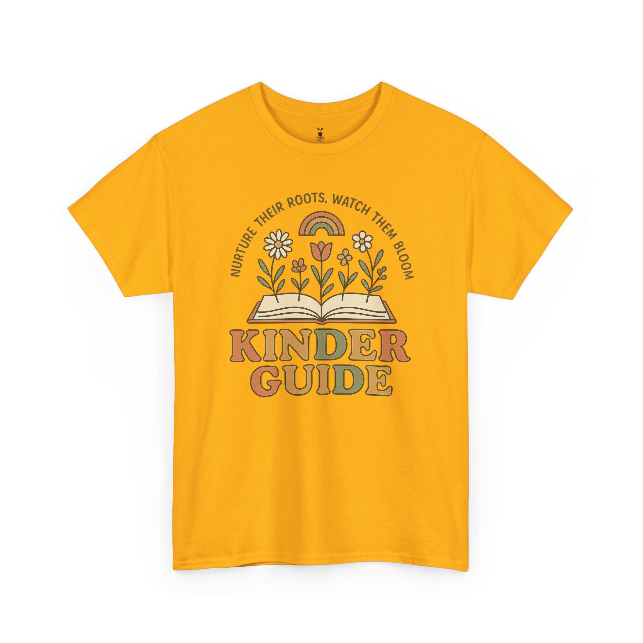 Retro Kinder Guide with Open Book, Blooming Flowers, and Rainbow Inspiration T-Shirt