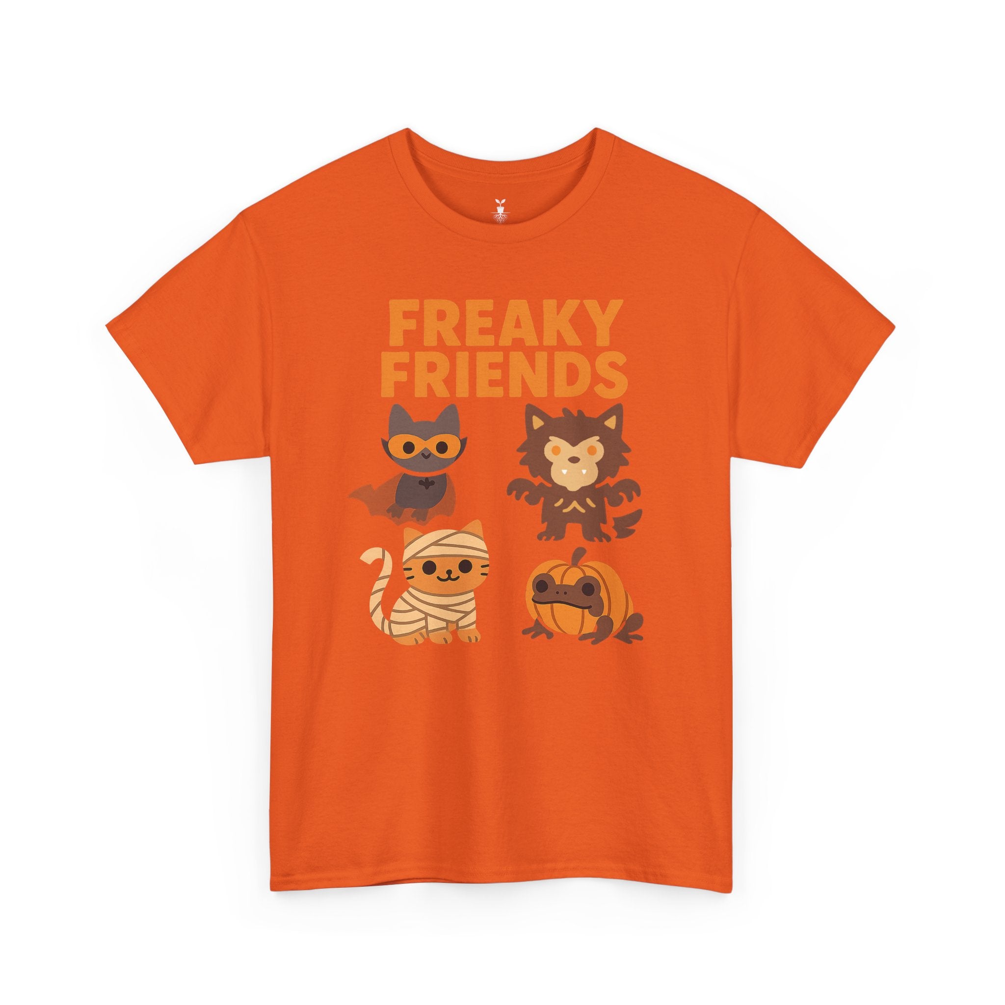 Bat, Mummy Cat, Werewolf & Pumpkin Frog Freaky Friends Halloween T-Shirt