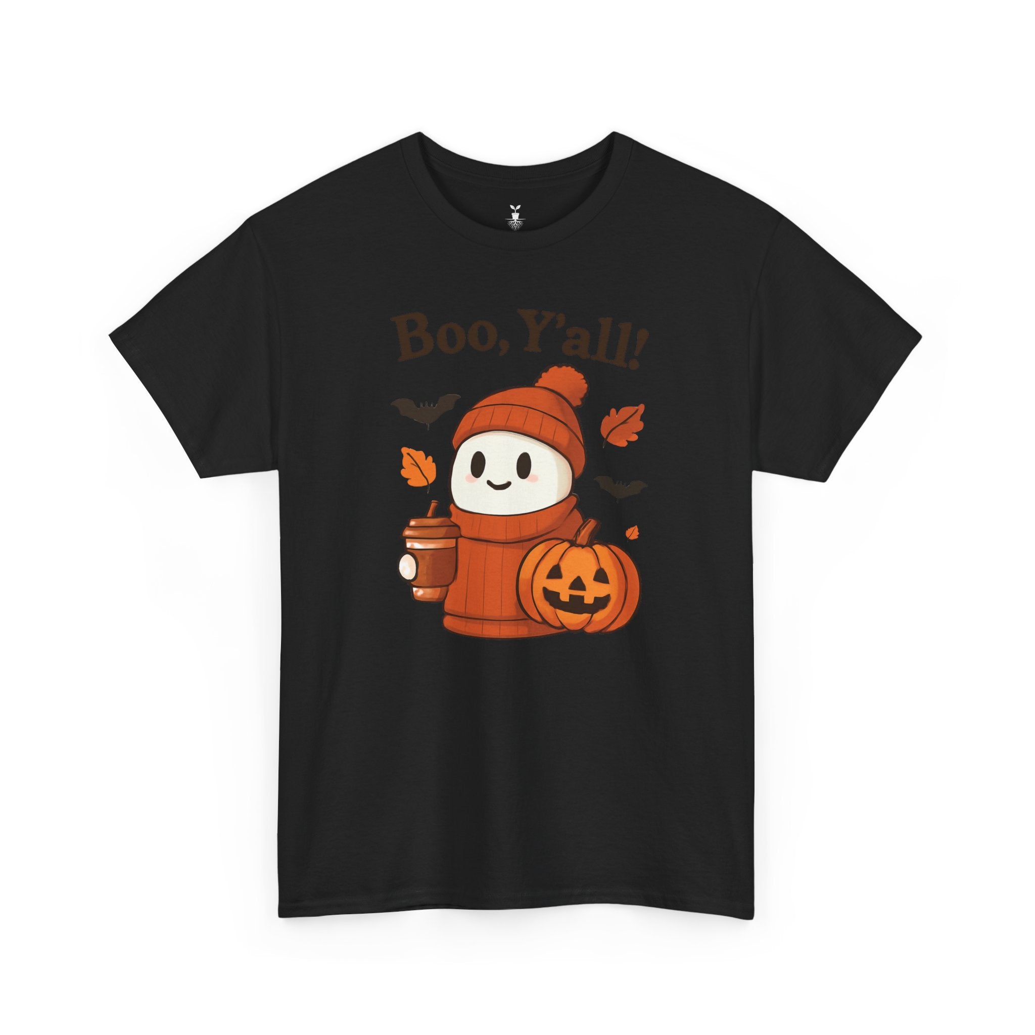 Cute Ghost with Pumpkin and Coffee Cup Boo Y’all Halloween T-Shirt