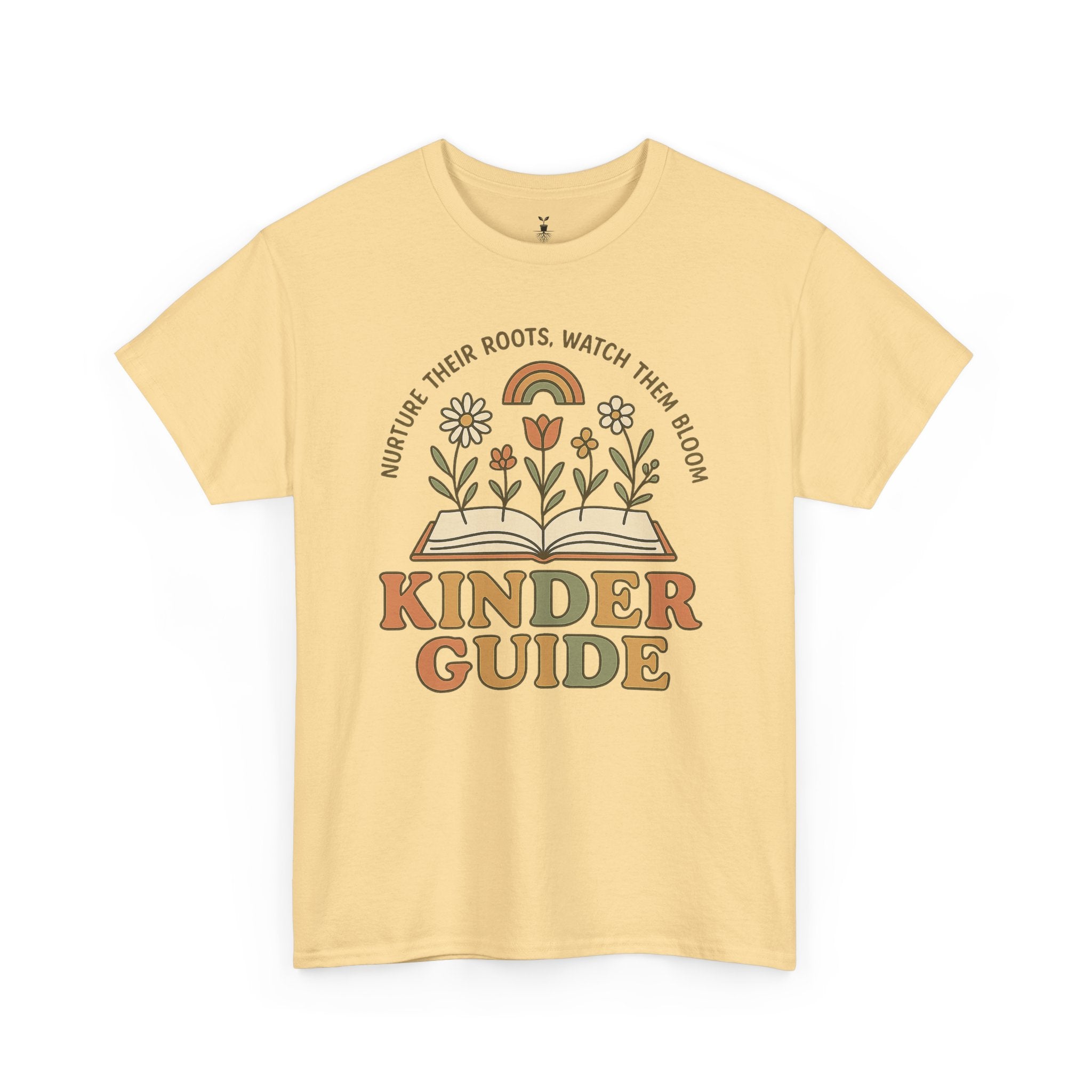 Retro Kinder Guide with Open Book, Blooming Flowers, and Rainbow Inspiration T-Shirt