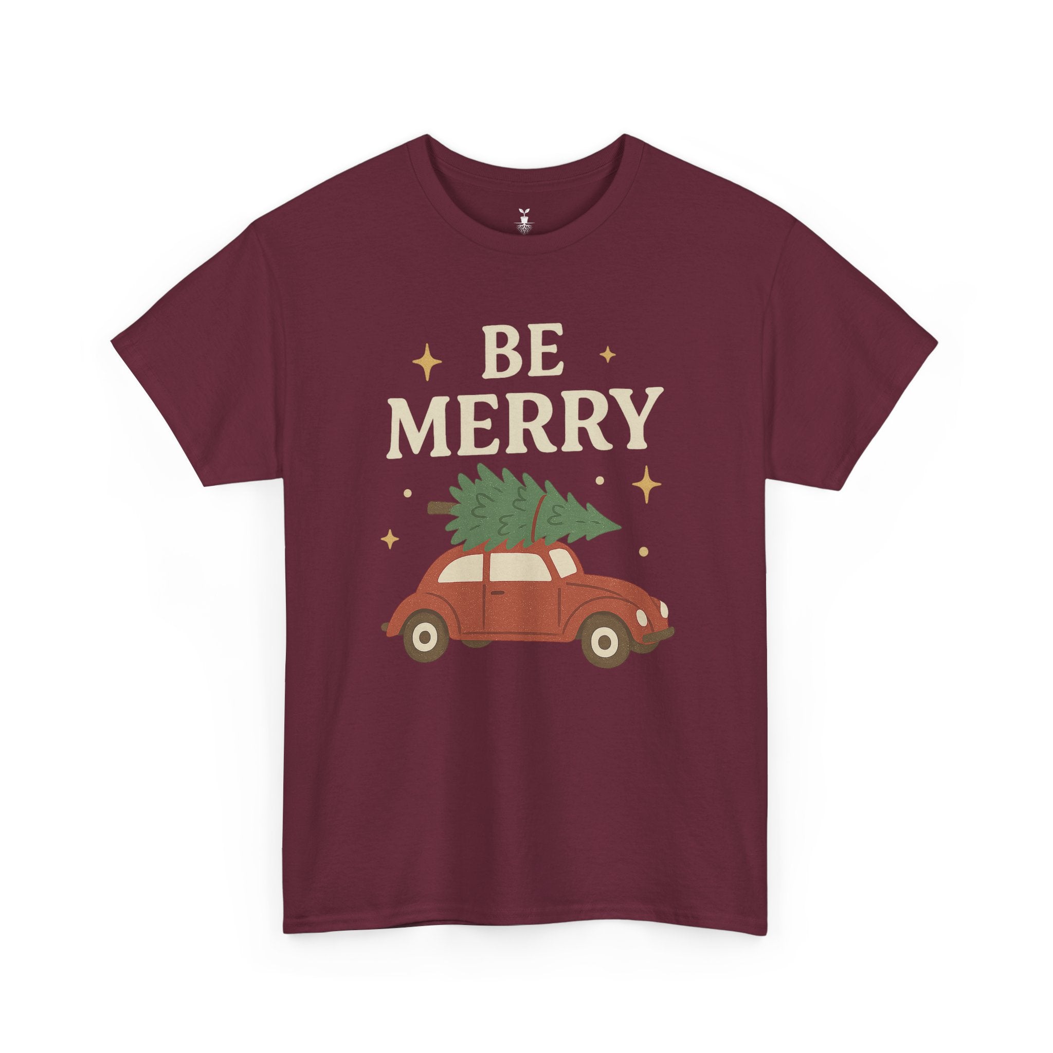 Retro Red Car Carrying Tree and Stars Be Merry Christmas T-Shirt
