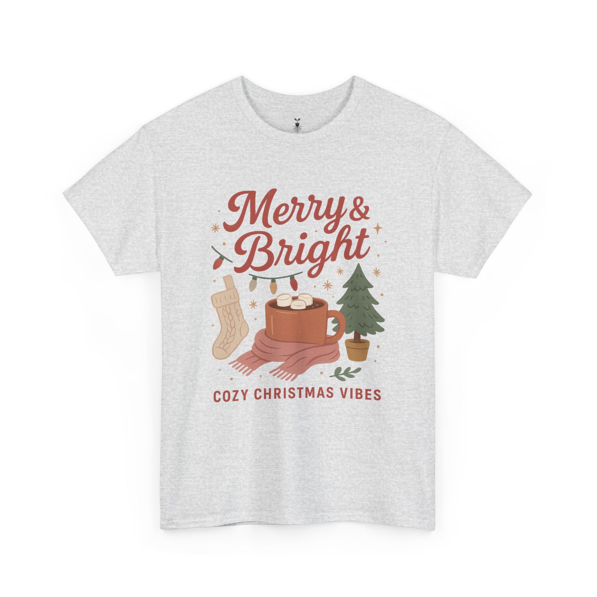 Merry & Bright  Featuring Cocoa Mug, Festive Tree, Autumn Leaves, and Cozy Holiday Vibes T-Shirt