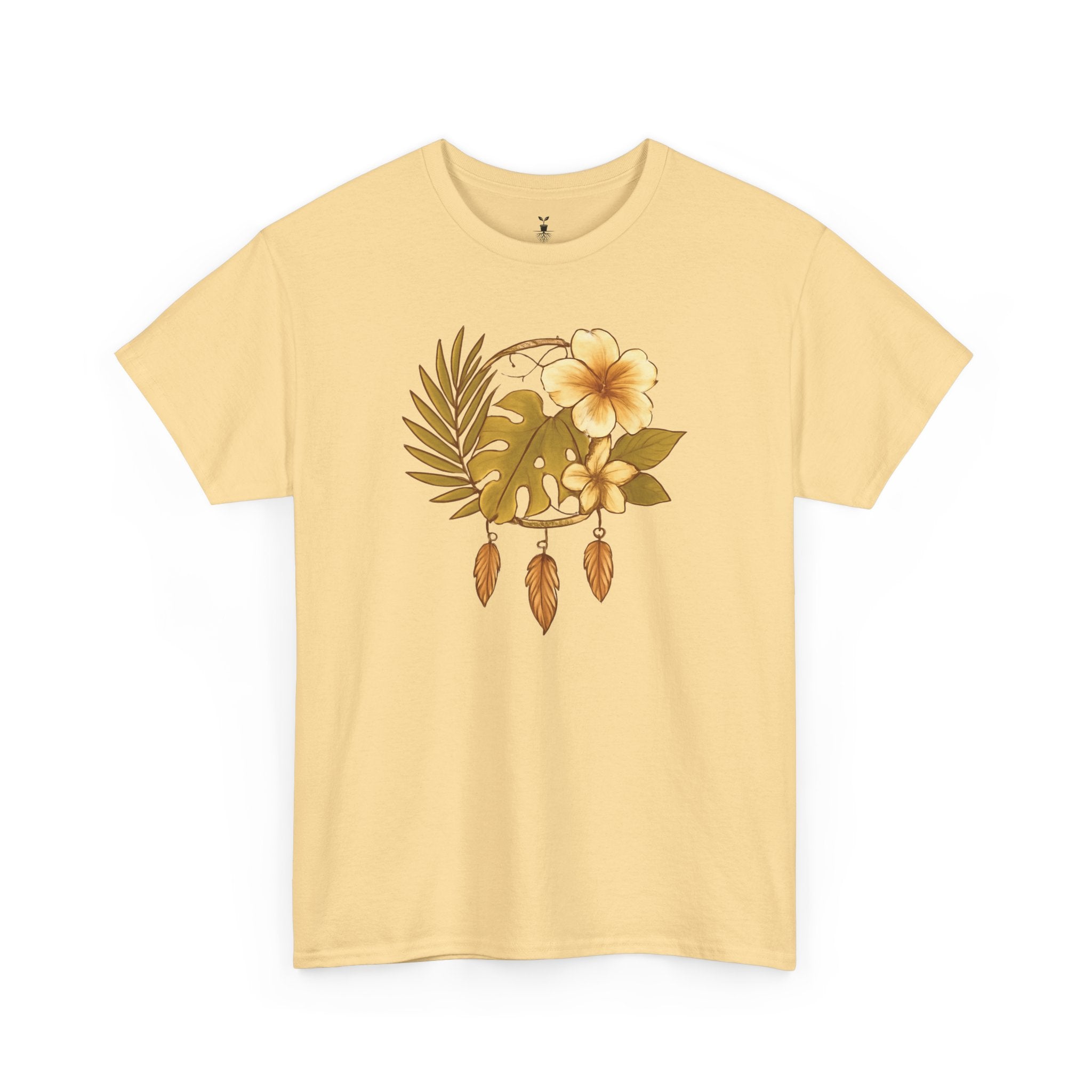 Bohemian Floral Graphic Tee – Tropical Hibiscus with Monstera Leaves and Feathers Design, Aesthetic Nature Shirt