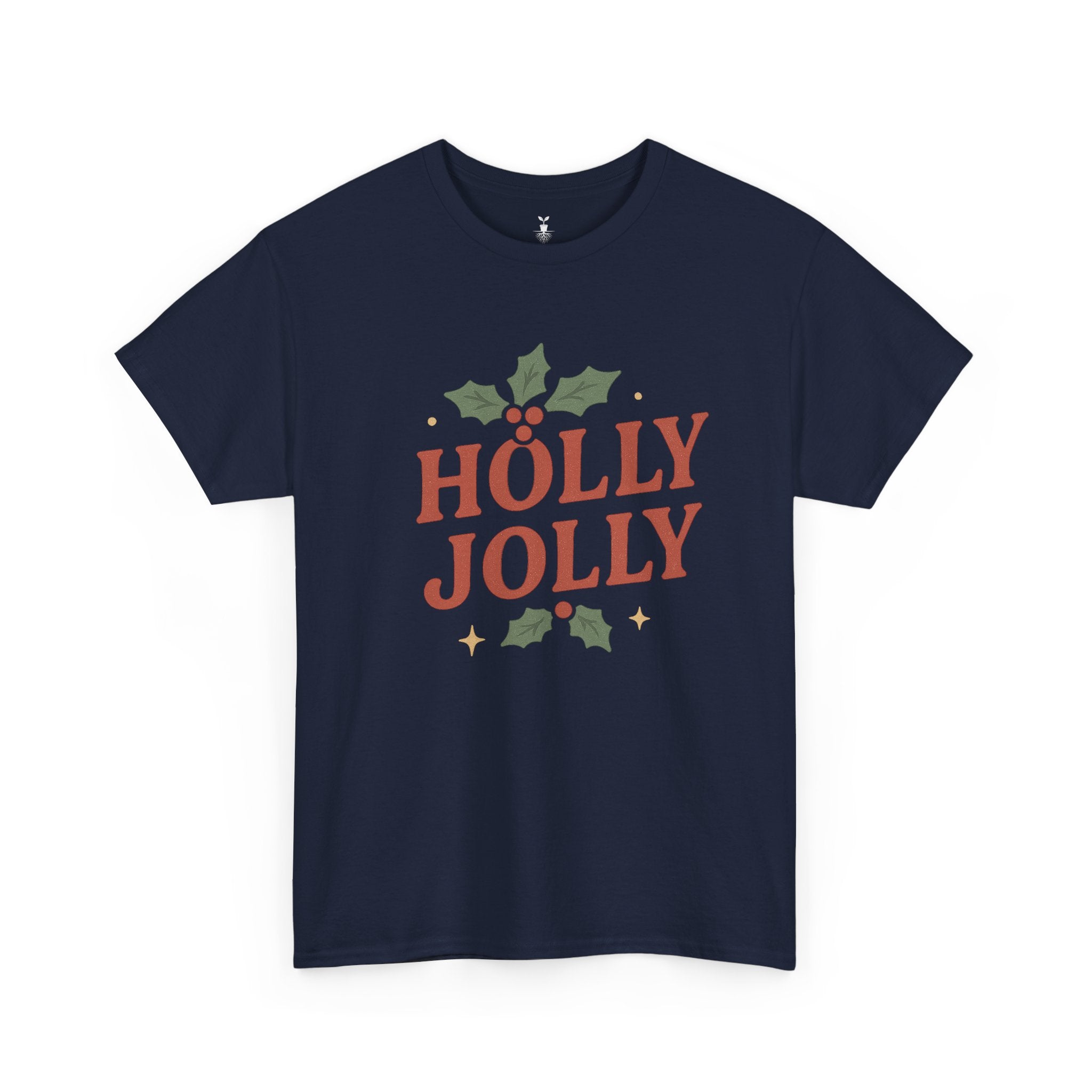 Holly Jolly Christmas with Festive Holly Leaves, Red Berries, and Golden Stars T-shirt