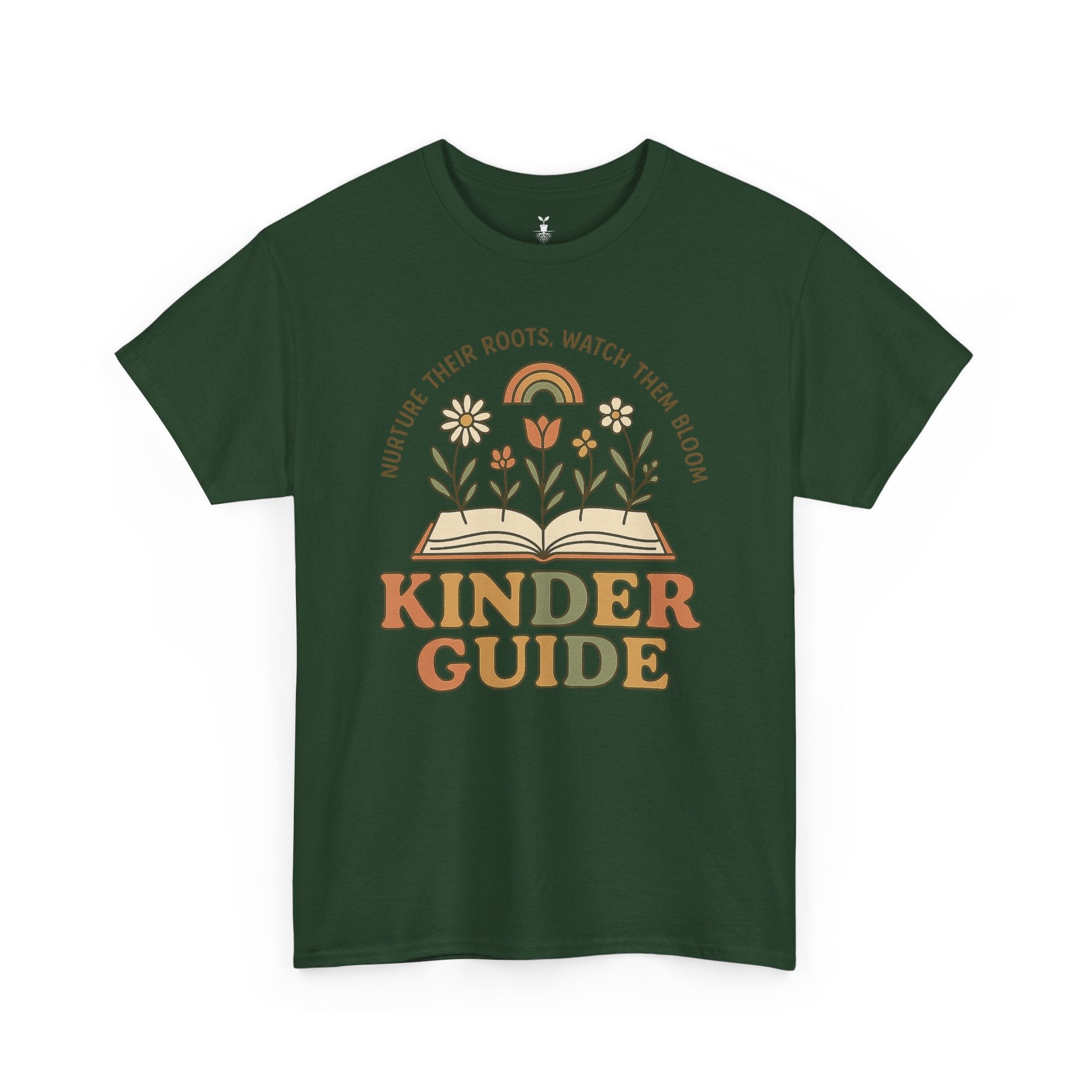 Retro Kinder Guide with Open Book, Blooming Flowers, and Rainbow Inspiration T-Shirt