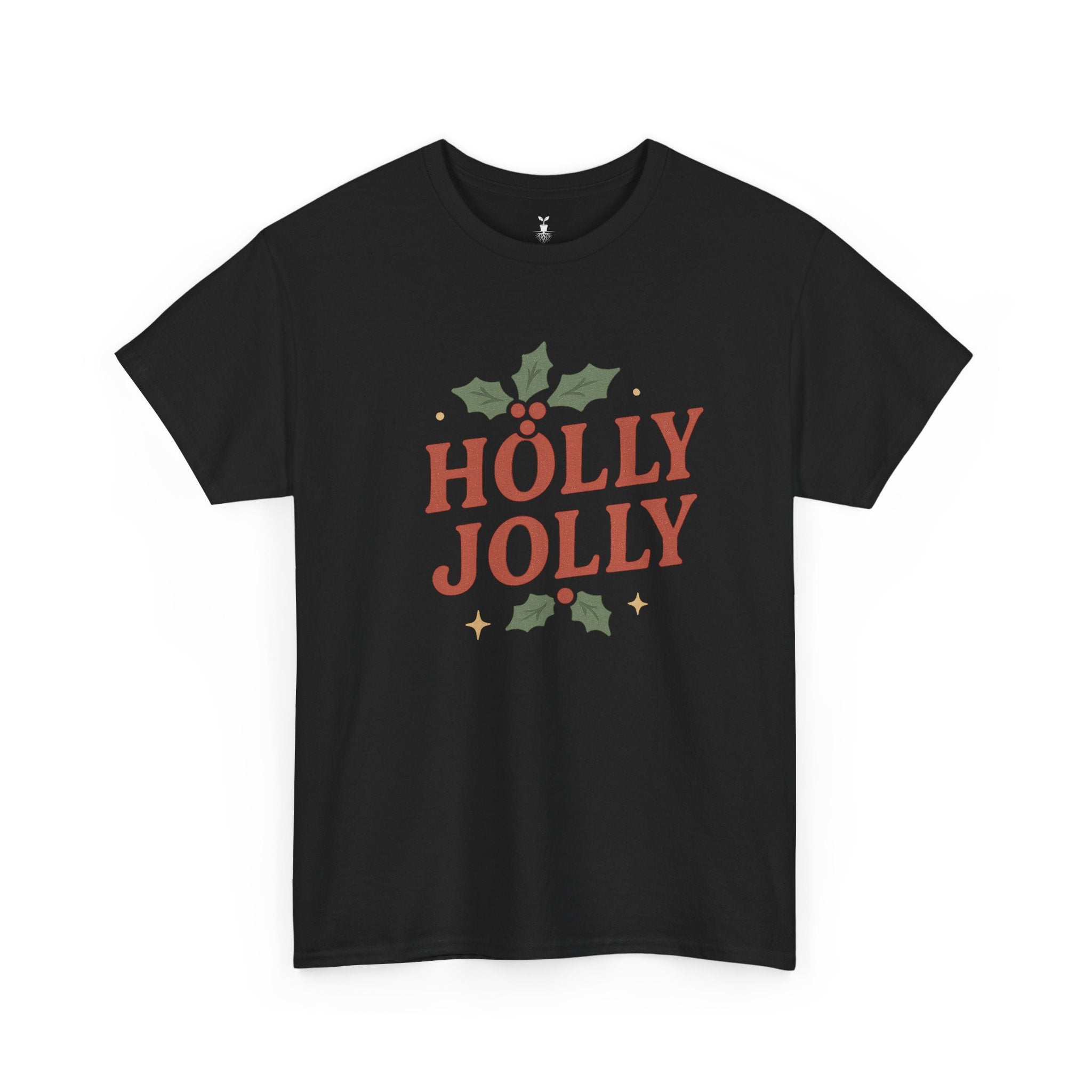 Holly Jolly Christmas with Festive Holly Leaves, Red Berries, and Golden Stars T-shirt