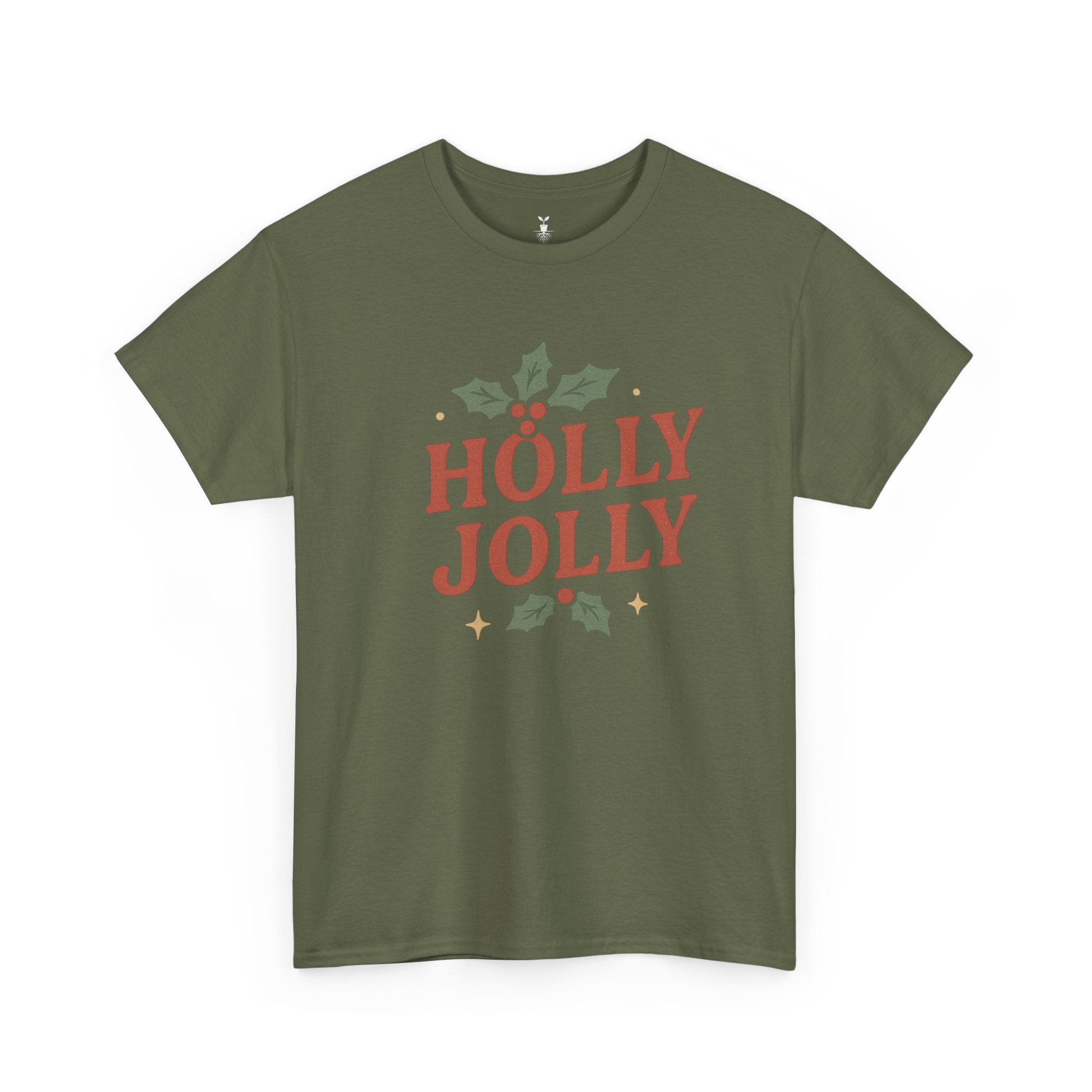 Holly Jolly Christmas with Festive Holly Leaves, Red Berries, and Golden Stars T-shirt