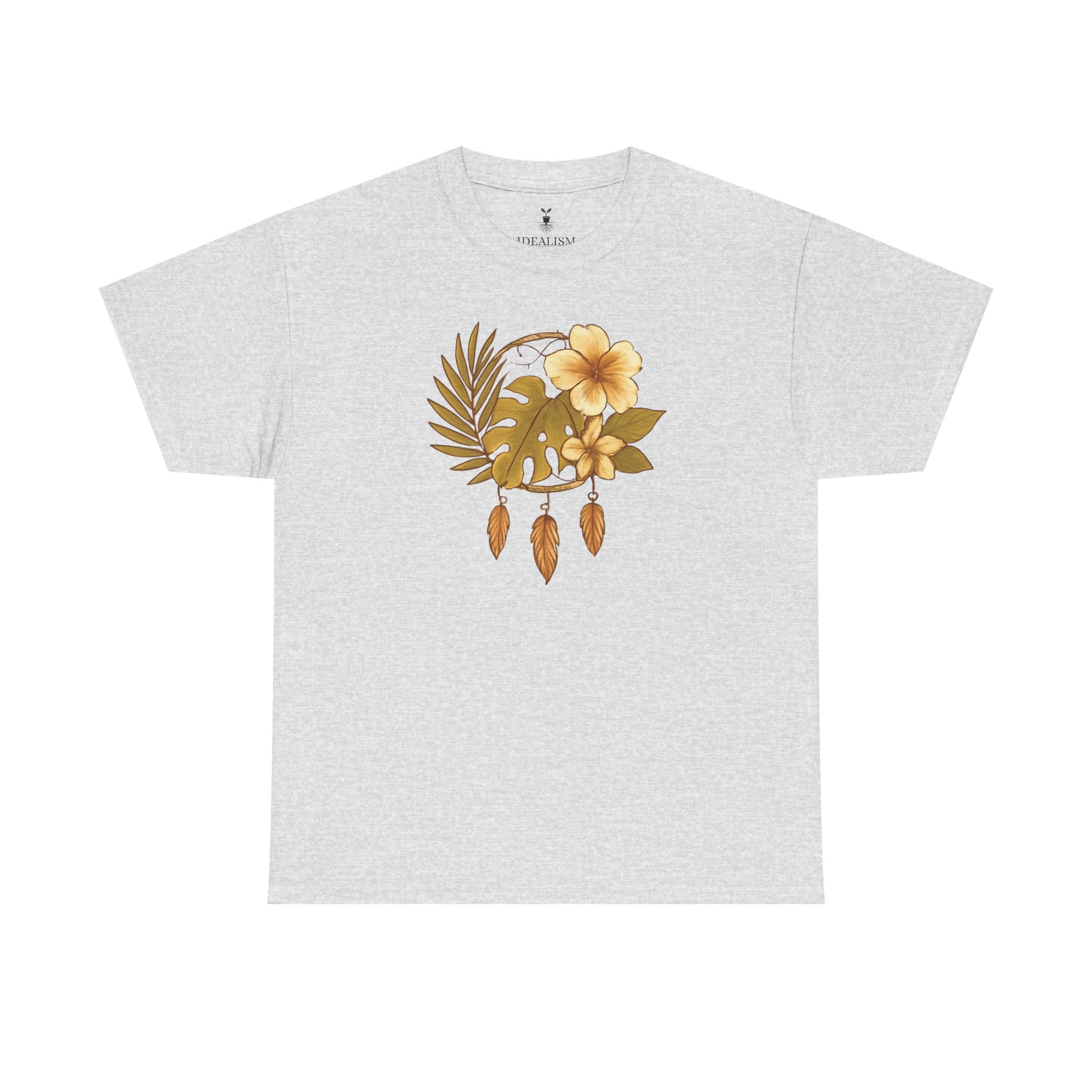 Bohemian Floral Graphic Tee – Tropical Hibiscus with Monstera Leaves and Feathers Design, Aesthetic Nature Shirt