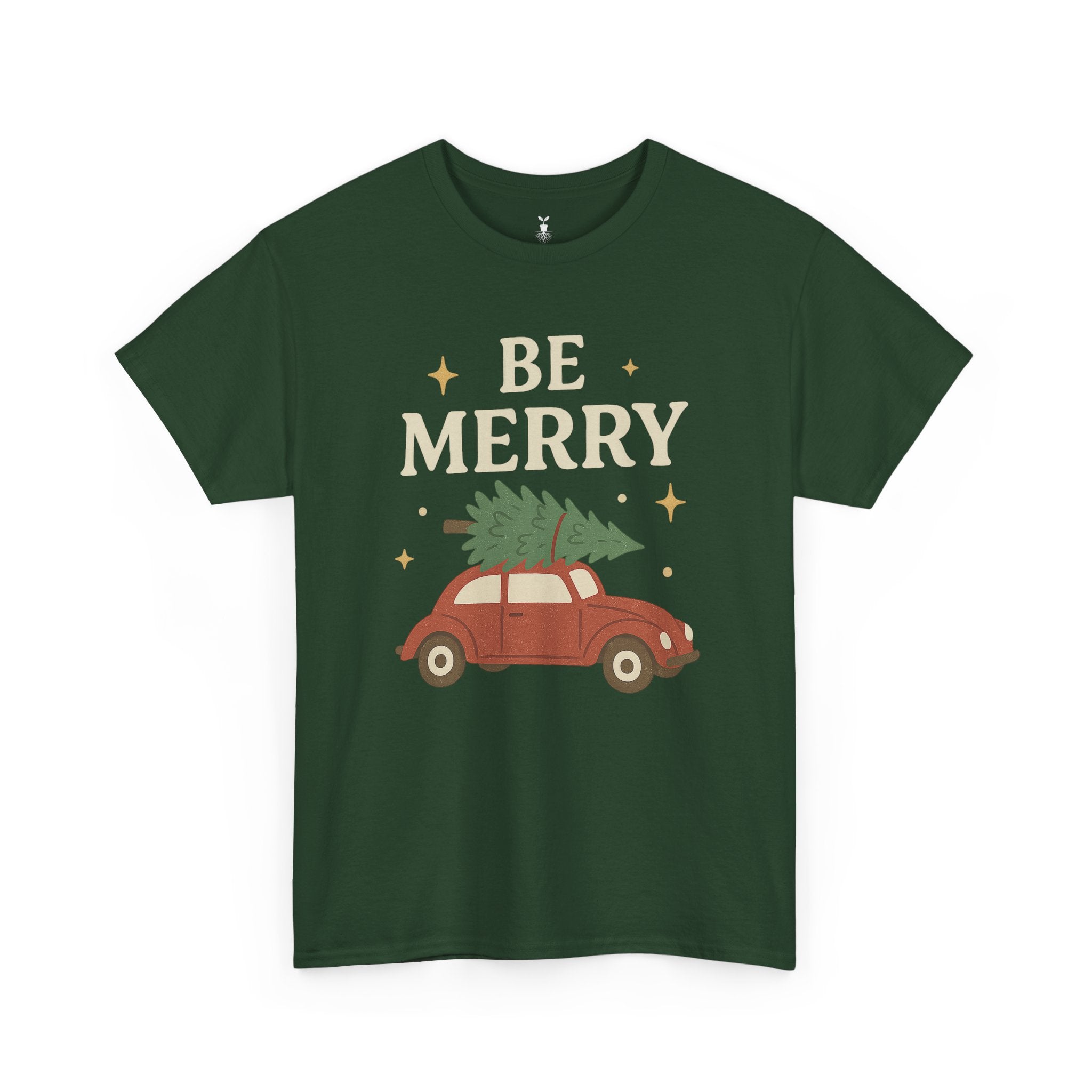 Retro Red Car Carrying Tree and Stars Be Merry Christmas T-Shirt