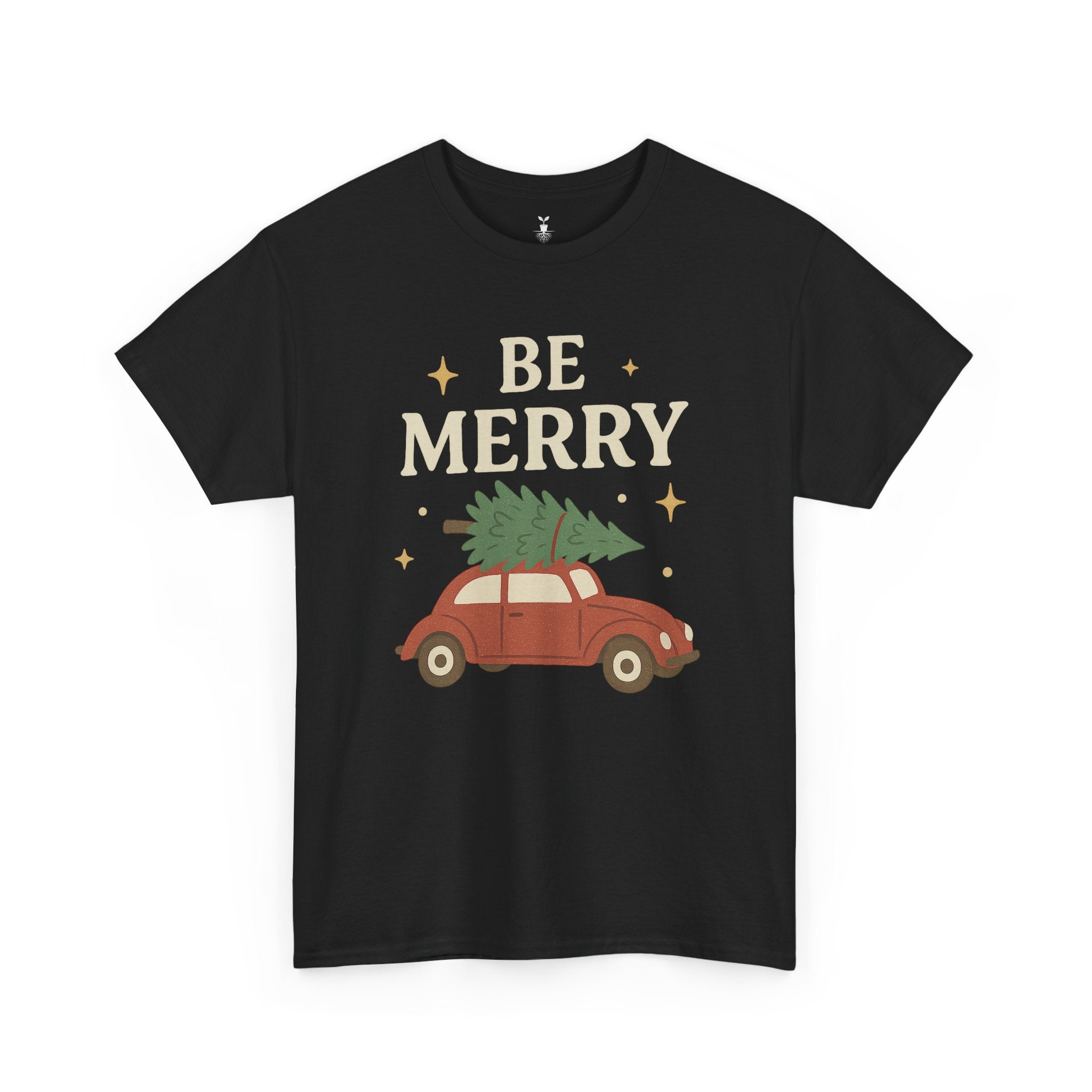 Retro Red Car Carrying Tree and Stars Be Merry Christmas T-Shirt