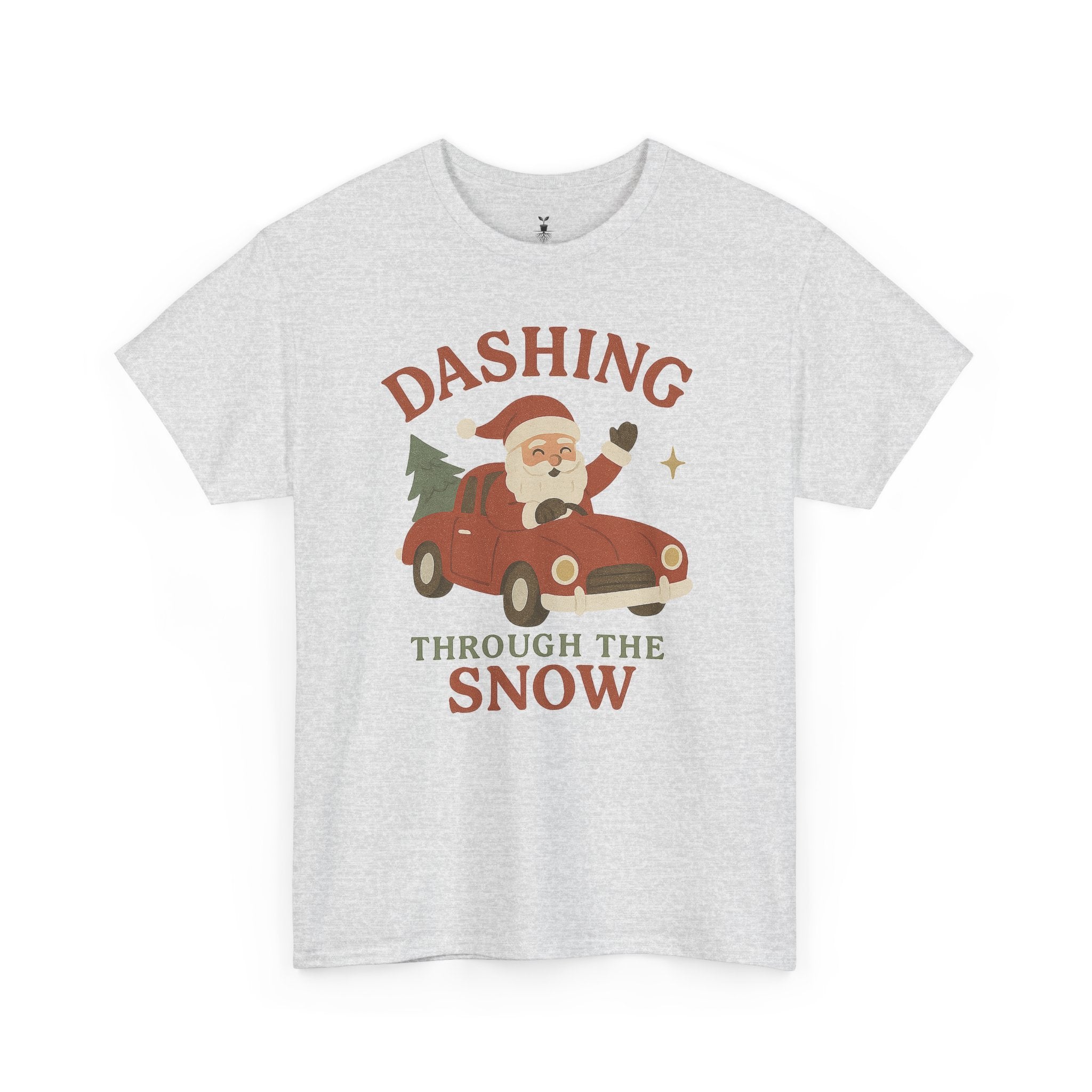 Retro Santa Dashing Through Snow Heavy Cotton T-Shirt – Fun Christmas Graphic with Santa, Car, and Christmas Tree Design