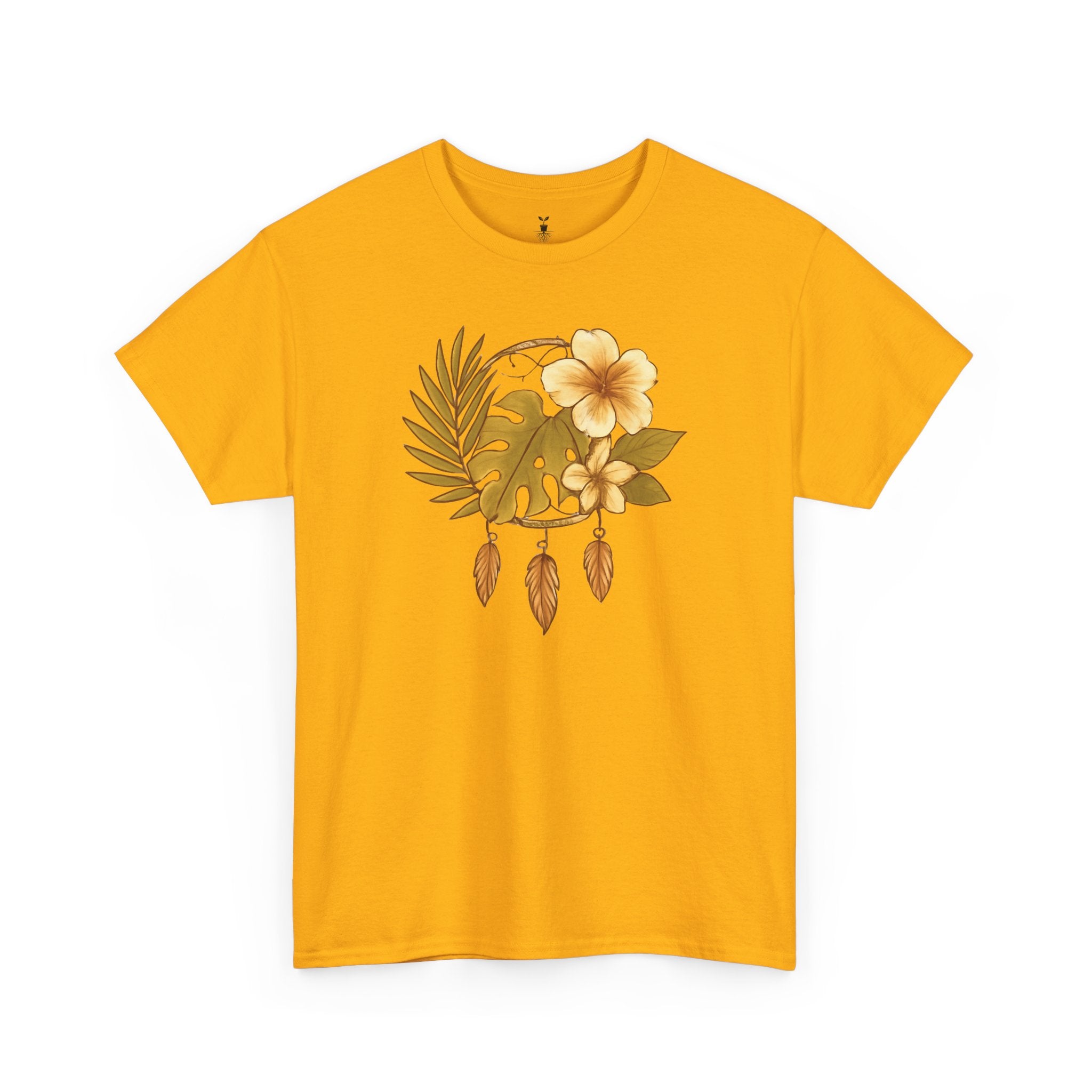 Bohemian Floral Graphic Tee – Tropical Hibiscus with Monstera Leaves and Feathers Design, Aesthetic Nature Shirt