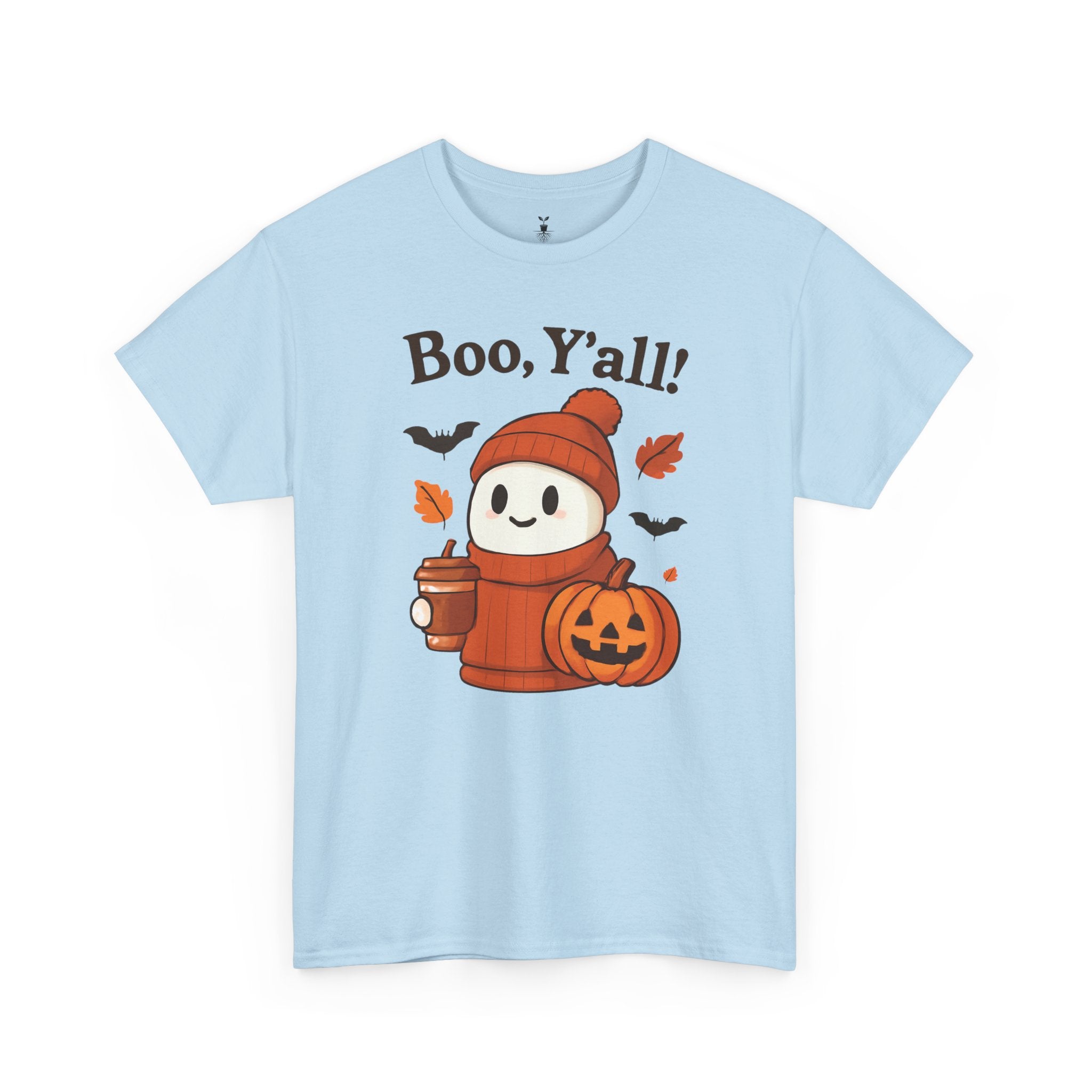 Cute Ghost with Pumpkin and Coffee Cup Boo Y’all Halloween T-Shirt