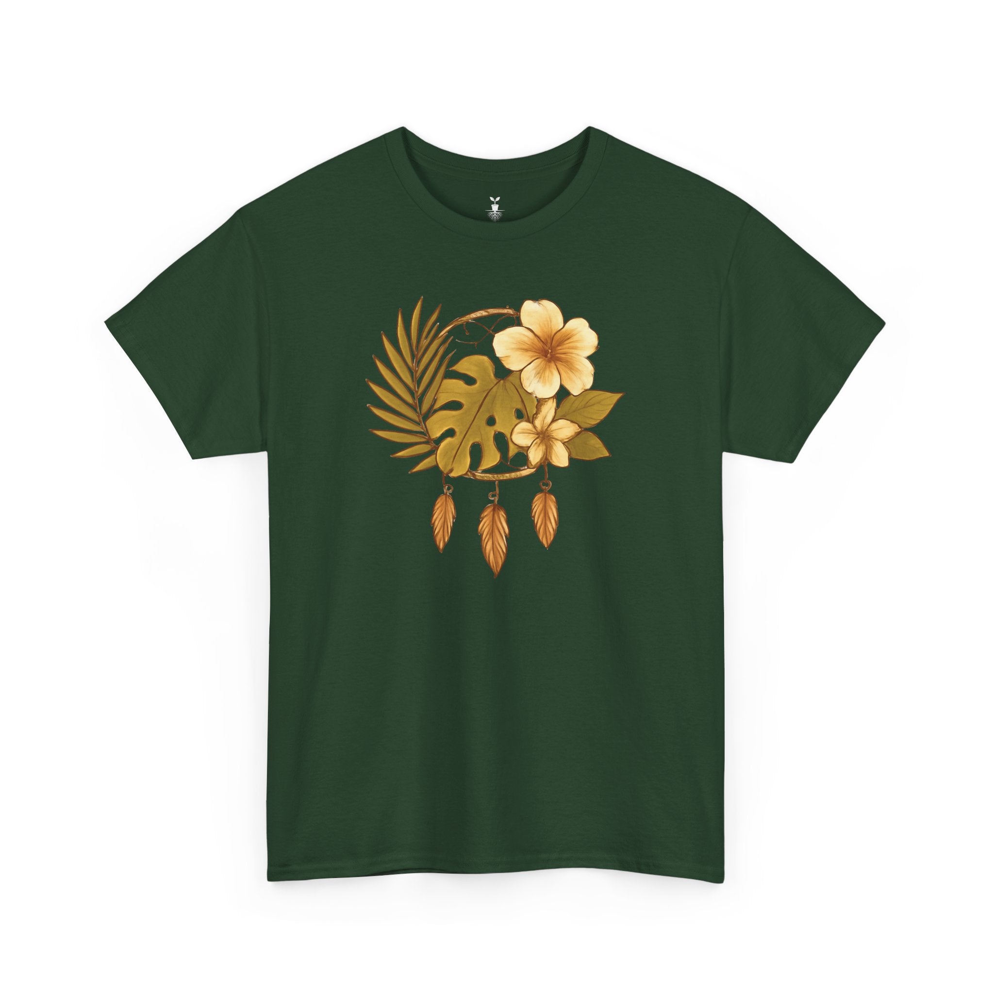 Bohemian Floral Graphic Tee – Tropical Hibiscus with Monstera Leaves and Feathers Design, Aesthetic Nature Shirt