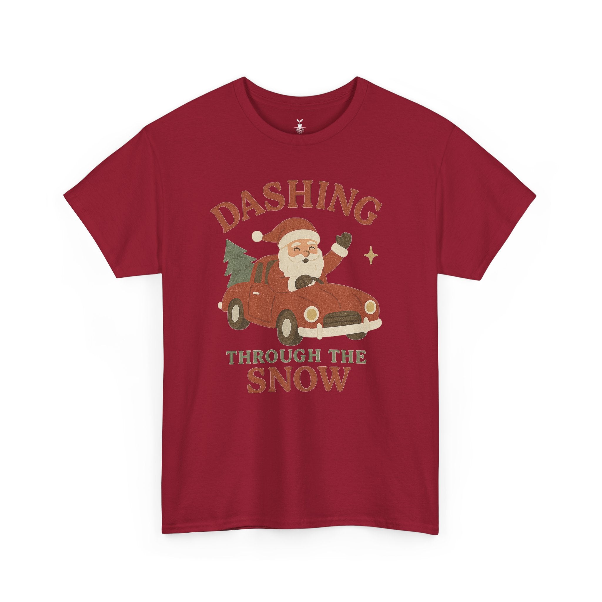 Retro Santa Dashing Through Snow Heavy Cotton T-Shirt – Fun Christmas Graphic with Santa, Car, and Christmas Tree Design