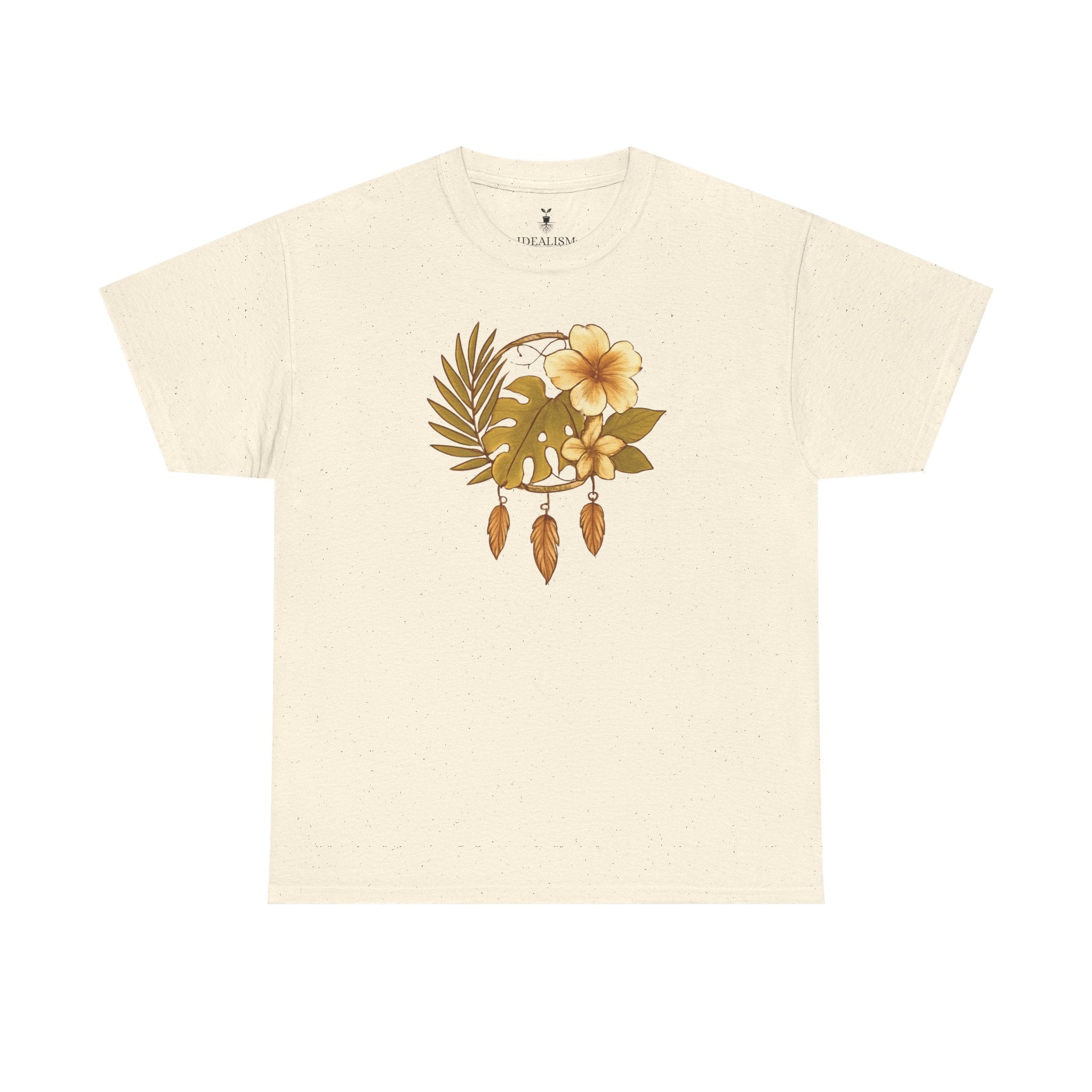 Bohemian Floral Graphic Tee – Tropical Hibiscus with Monstera Leaves and Feathers Design, Aesthetic Nature Shirt
