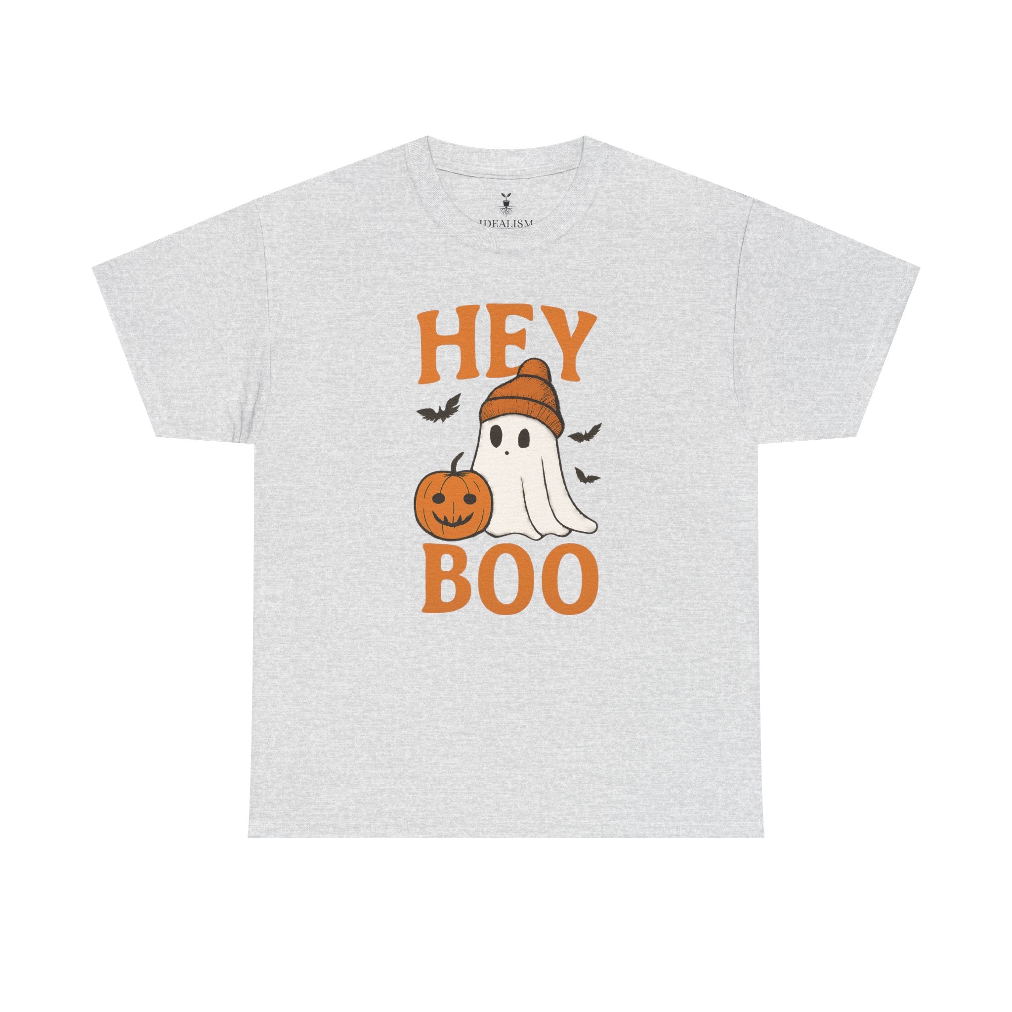 Cute Hey Boo Ghost T-Shirt – Funny Halloween Graphic Tee with Pumpkin Artwork and Spooky Season Aesthetic Design
