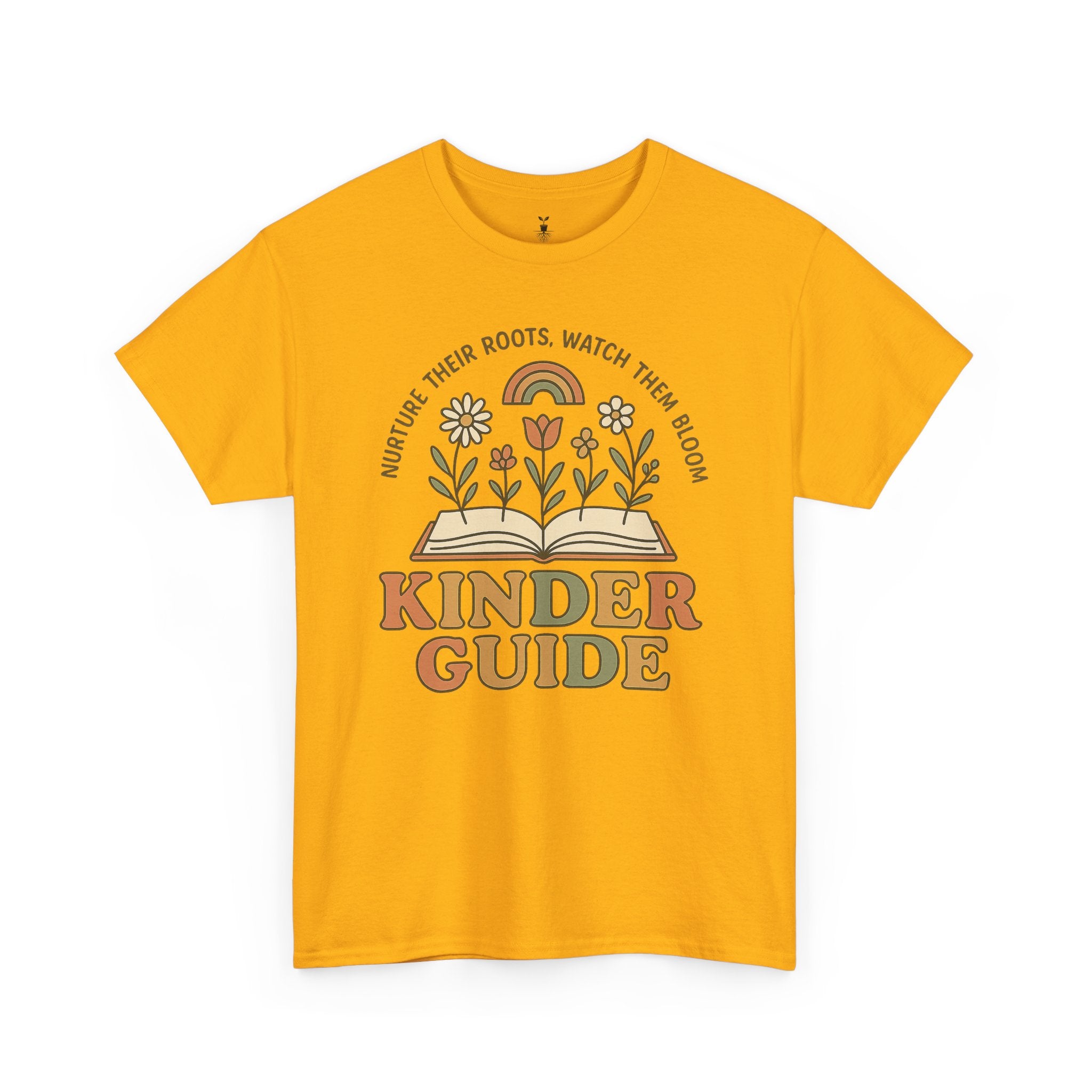 Retro Kinder Guide with Open Book, Blooming Flowers, and Rainbow Inspiration T-Shirt