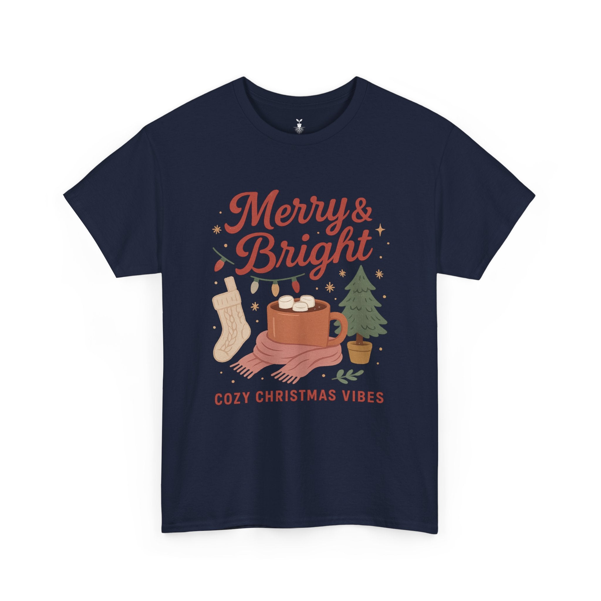 Merry & Bright  Featuring Cocoa Mug, Festive Tree, Autumn Leaves, and Cozy Holiday Vibes T-Shirt