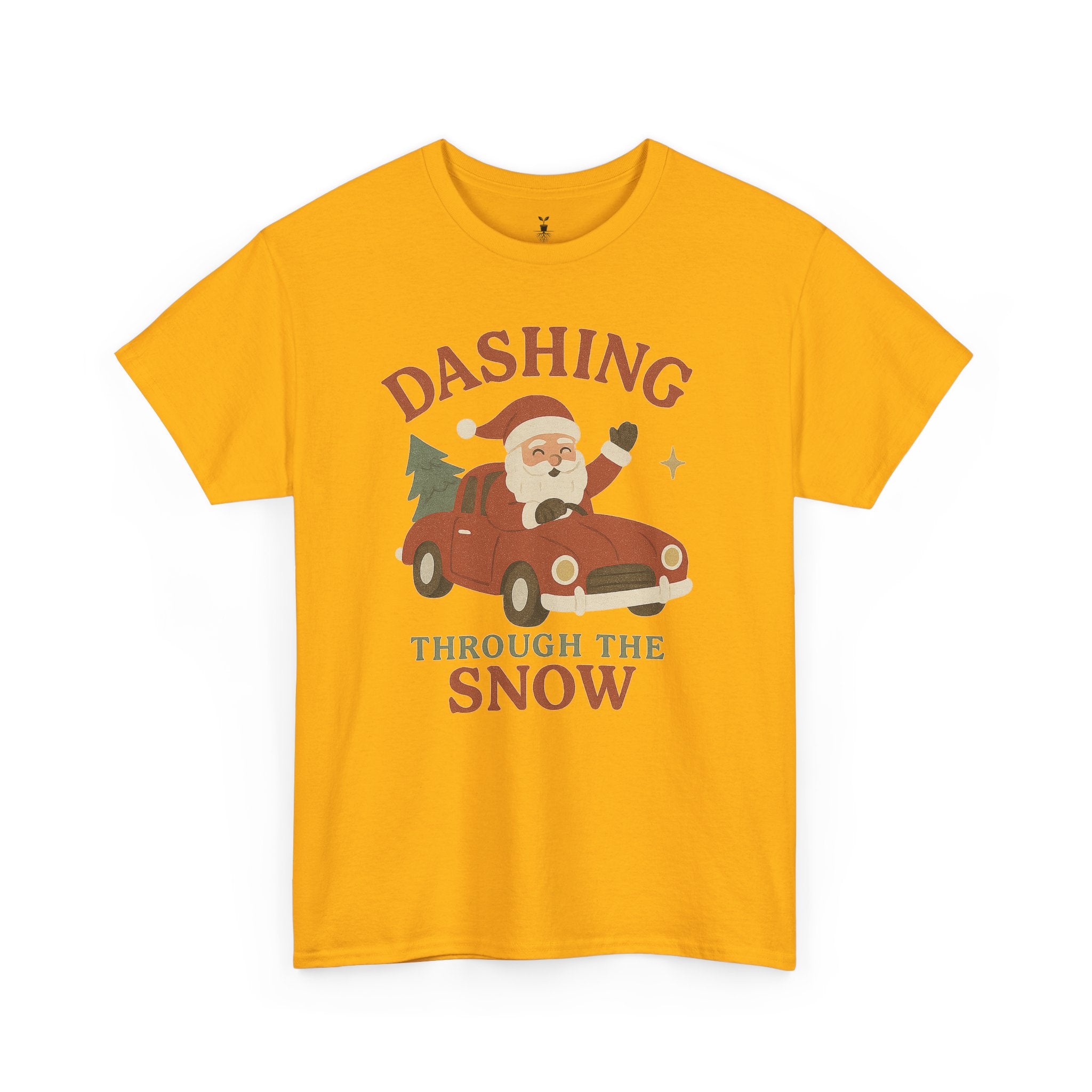 Retro Santa Dashing Through Snow Heavy Cotton T-Shirt – Fun Christmas Graphic with Santa, Car, and Christmas Tree Design