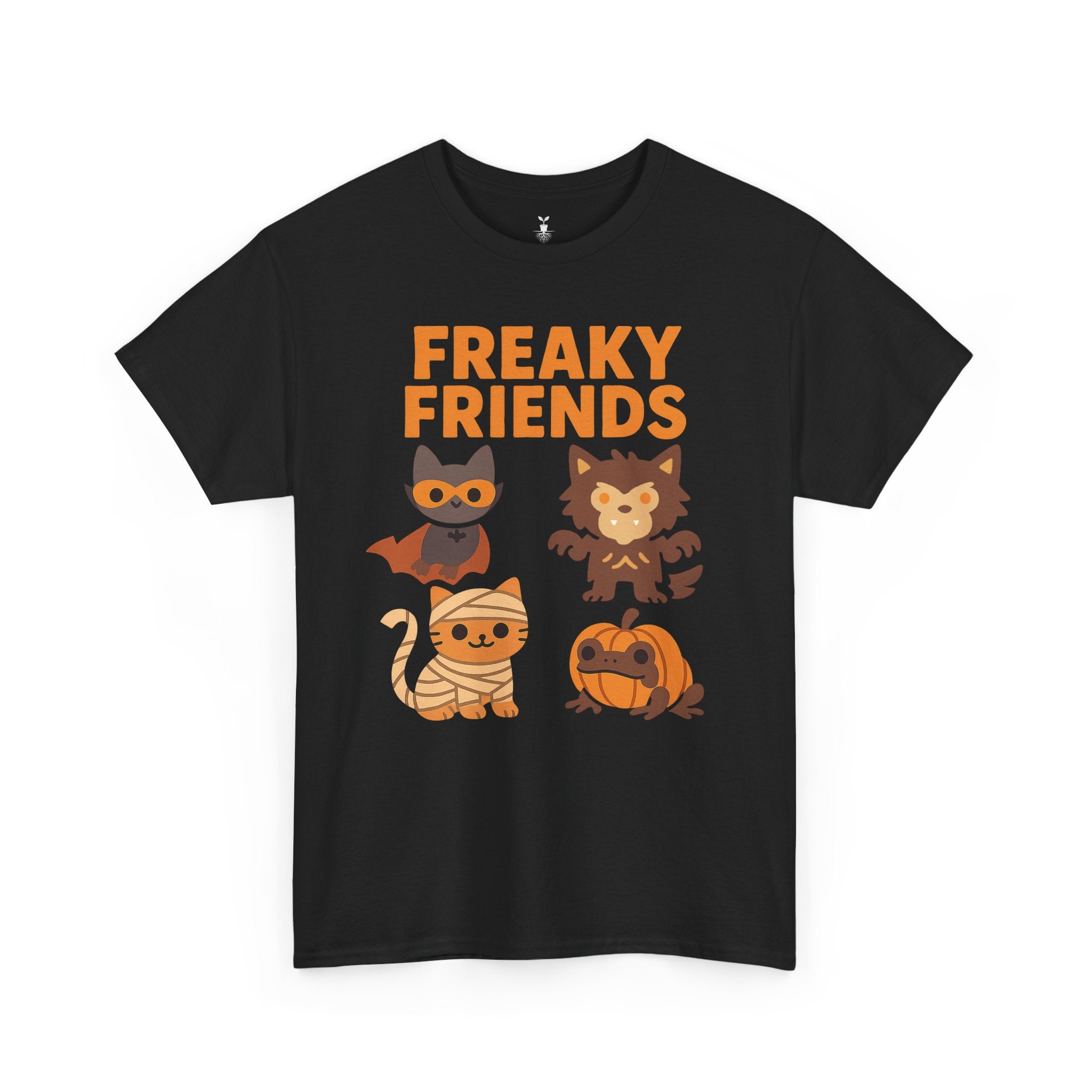 Bat, Mummy Cat, Werewolf & Pumpkin Frog Freaky Friends Halloween T-Shirt