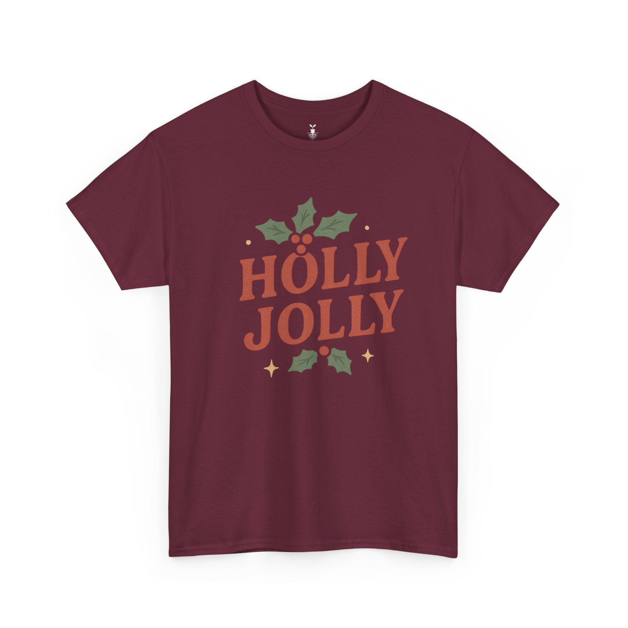 Holly Jolly Christmas with Festive Holly Leaves, Red Berries, and Golden Stars T-shirt