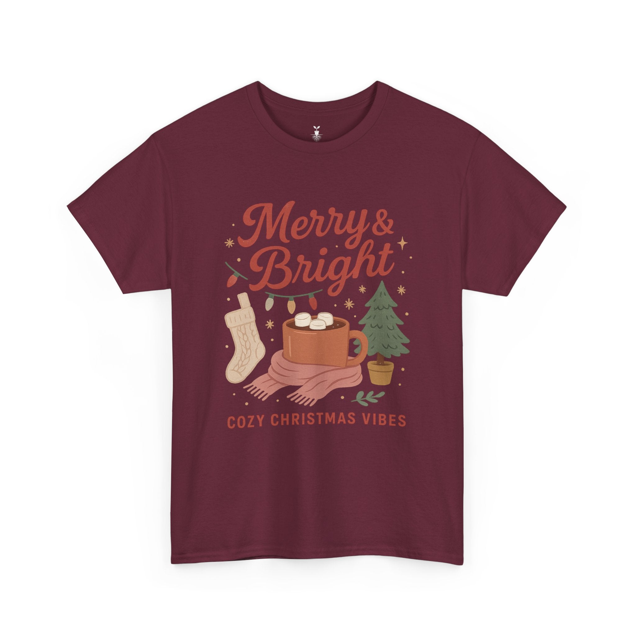Merry & Bright  Featuring Cocoa Mug, Festive Tree, Autumn Leaves, and Cozy Holiday Vibes T-Shirt