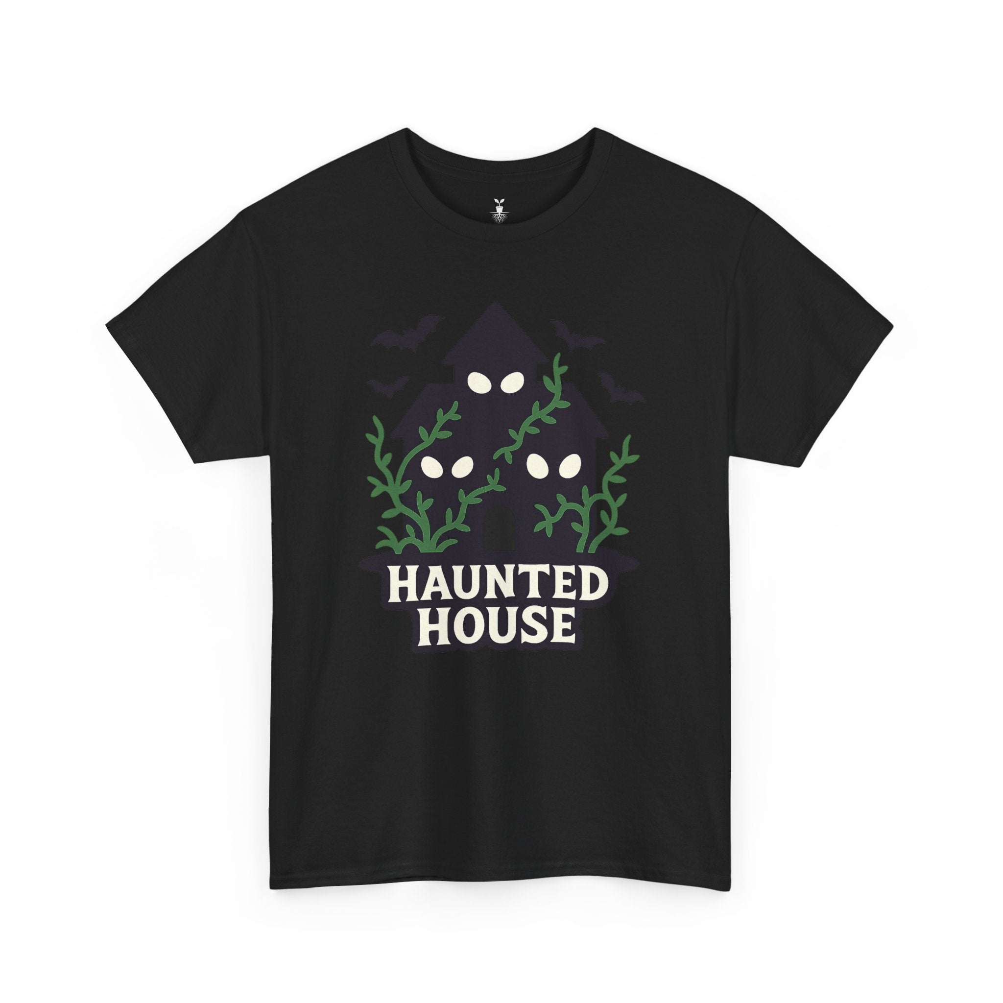 Haunted House with Creepy Eyes, Bats, and Vines Halloween T-Shirt