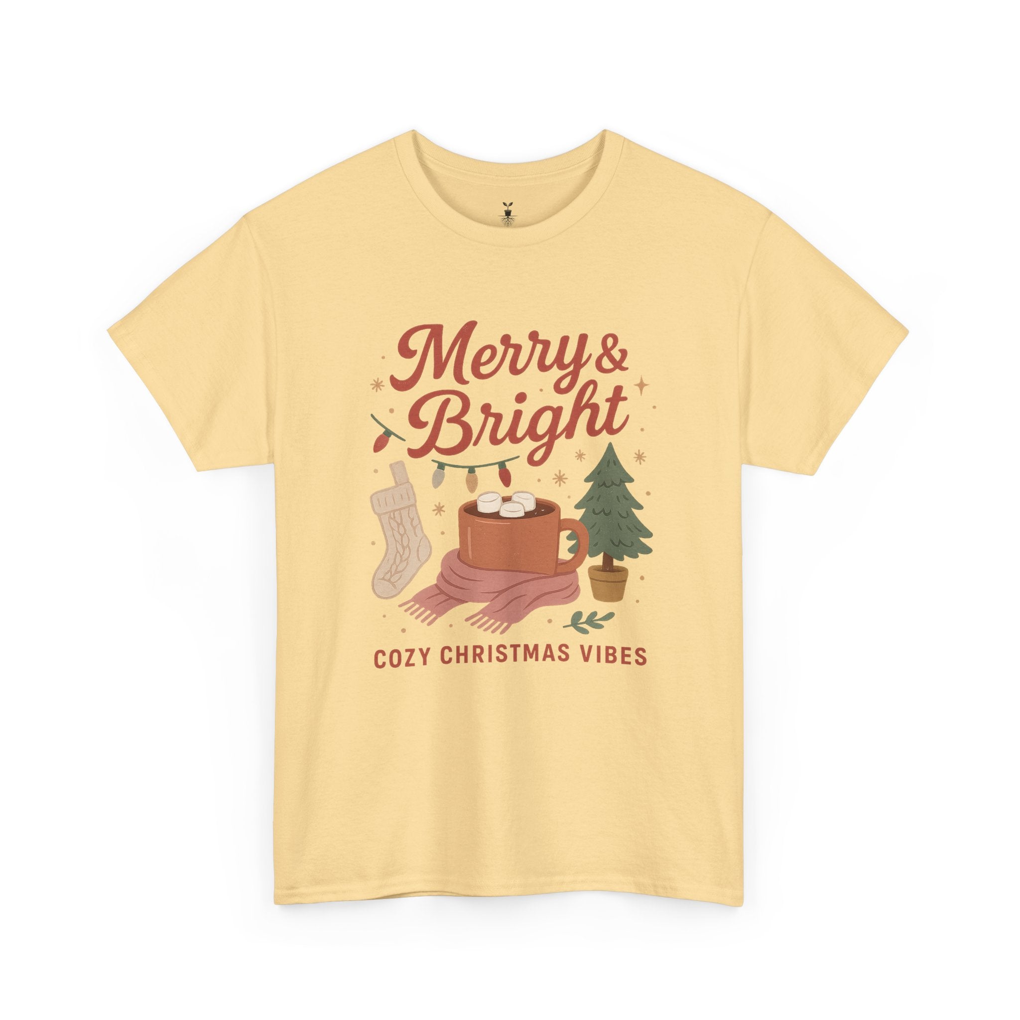 Merry & Bright  Featuring Cocoa Mug, Festive Tree, Autumn Leaves, and Cozy Holiday Vibes T-Shirt