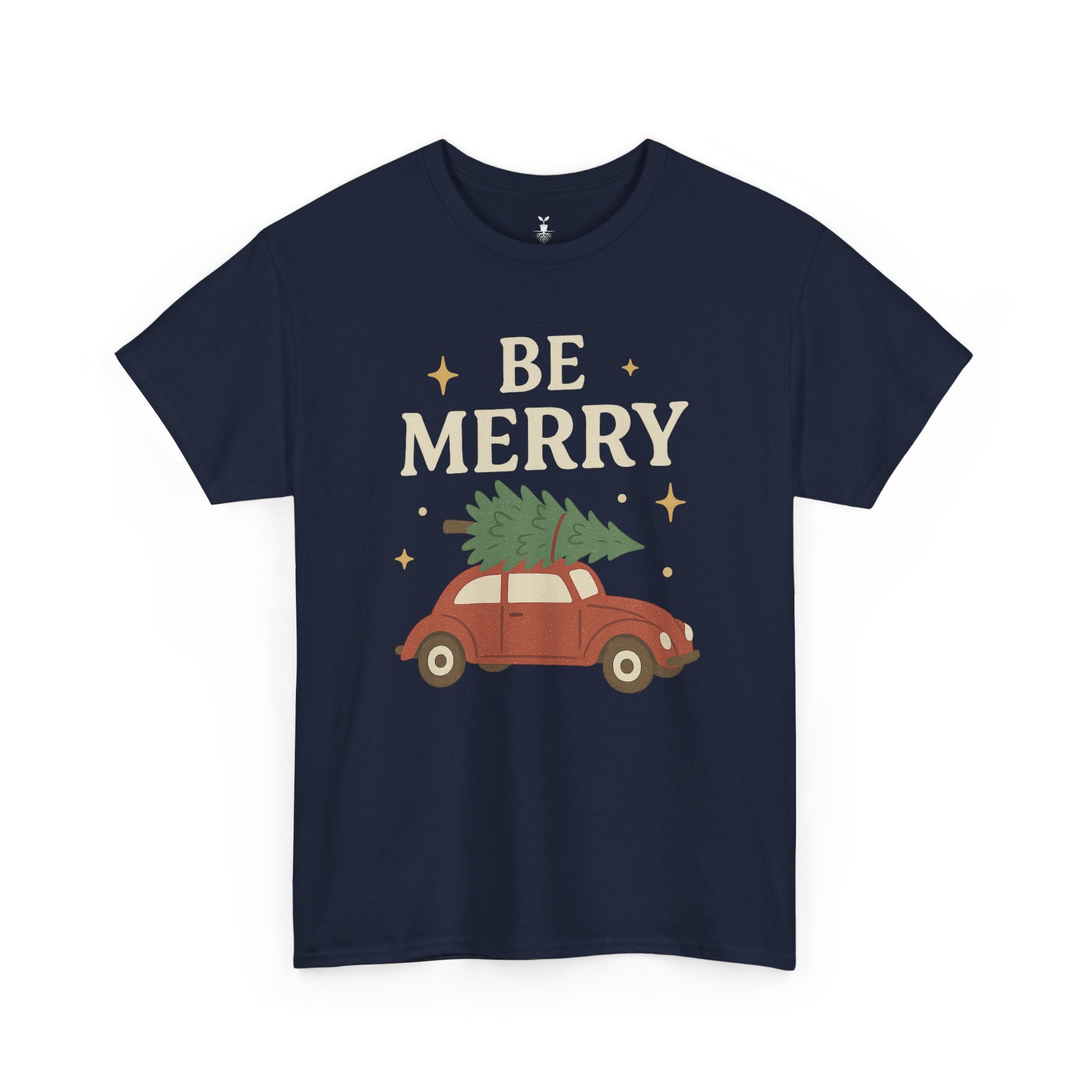 Retro Red Car Carrying Tree and Stars Be Merry Christmas T-Shirt