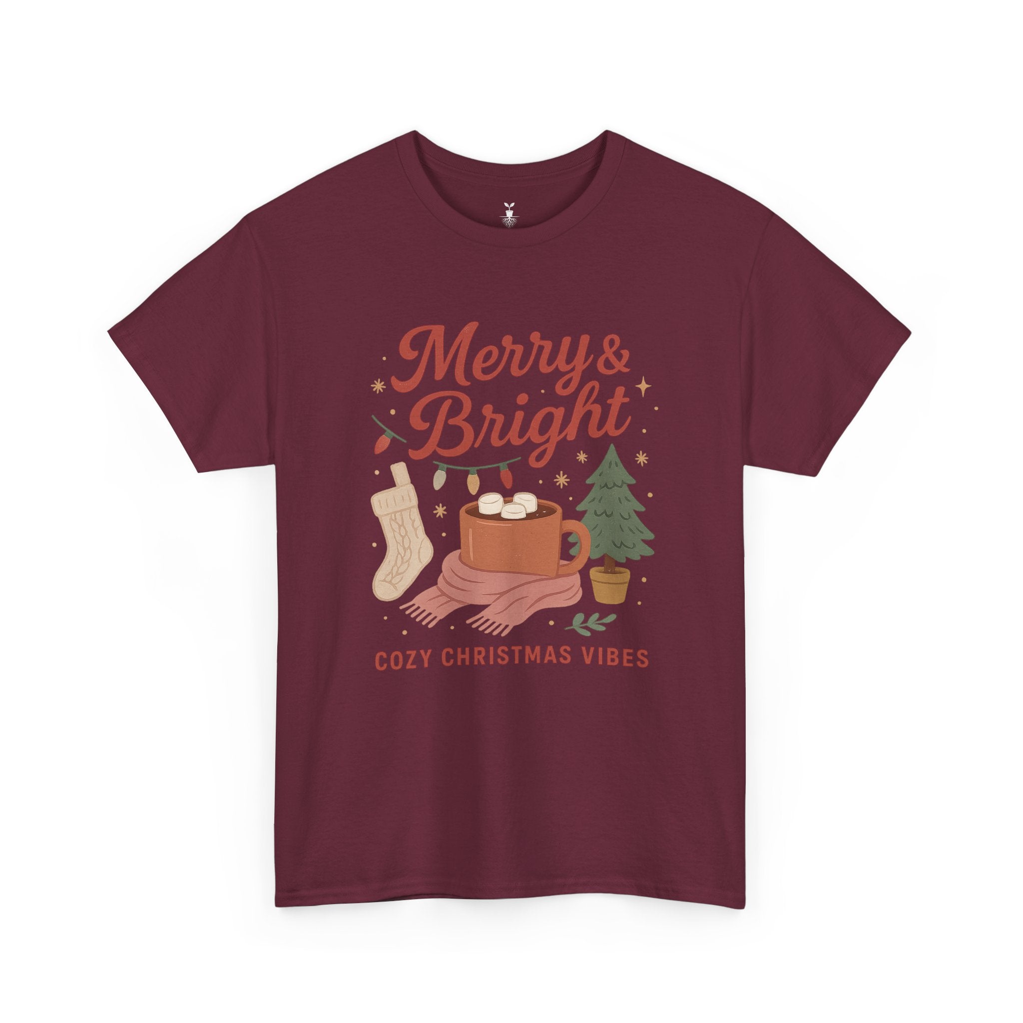 Merry & Bright  Featuring Cocoa Mug, Festive Tree, Autumn Leaves, and Cozy Holiday Vibes T-Shirt