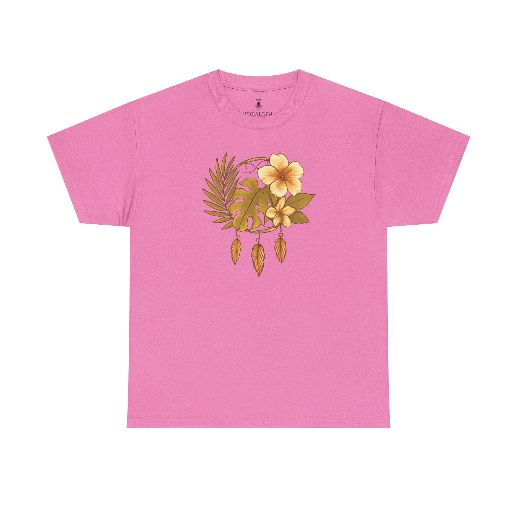 Bohemian Floral Graphic Tee – Tropical Hibiscus with Monstera Leaves and Feathers Design, Aesthetic Nature Shirt