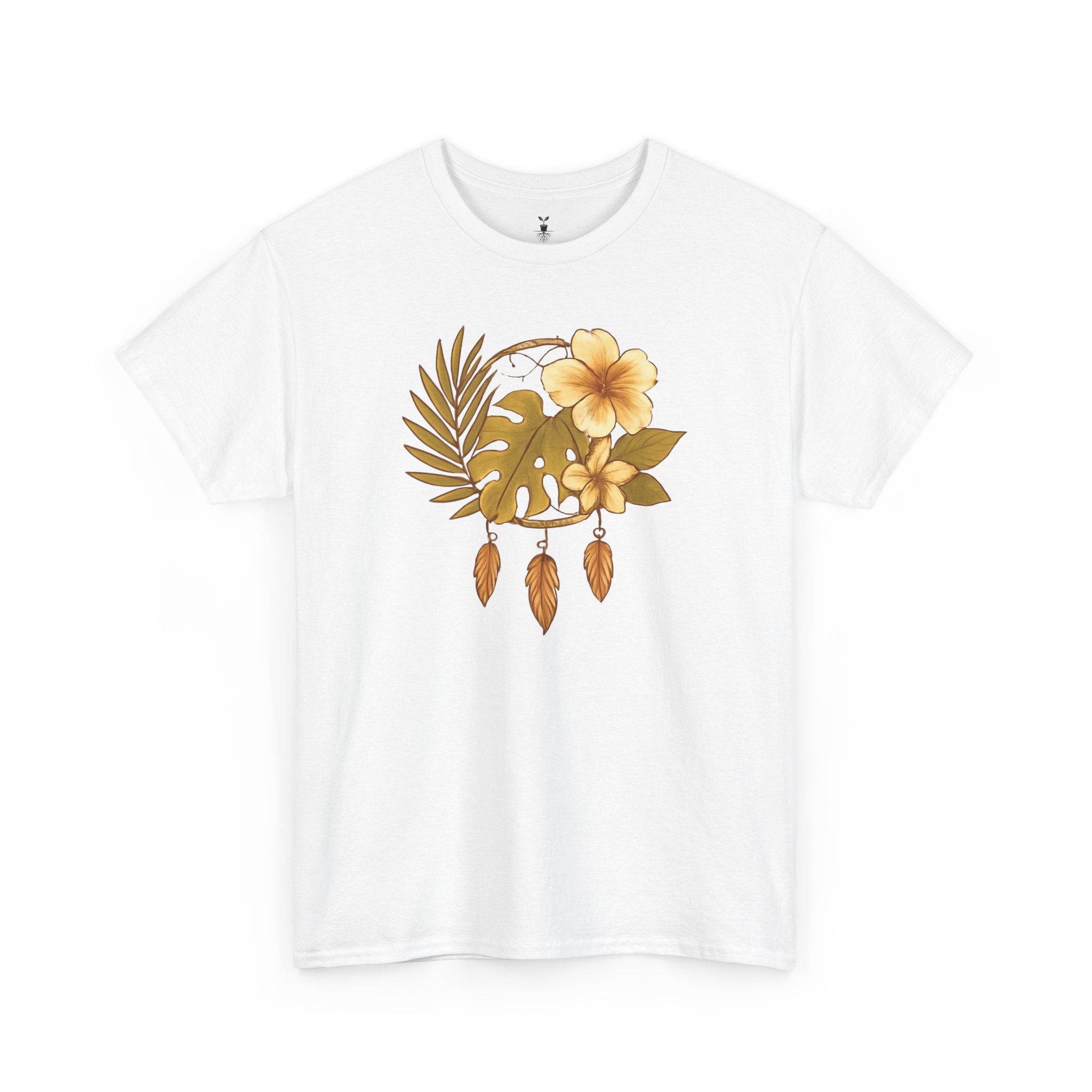 Bohemian Floral Graphic Tee – Tropical Hibiscus with Monstera Leaves and Feathers Design, Aesthetic Nature Shirt