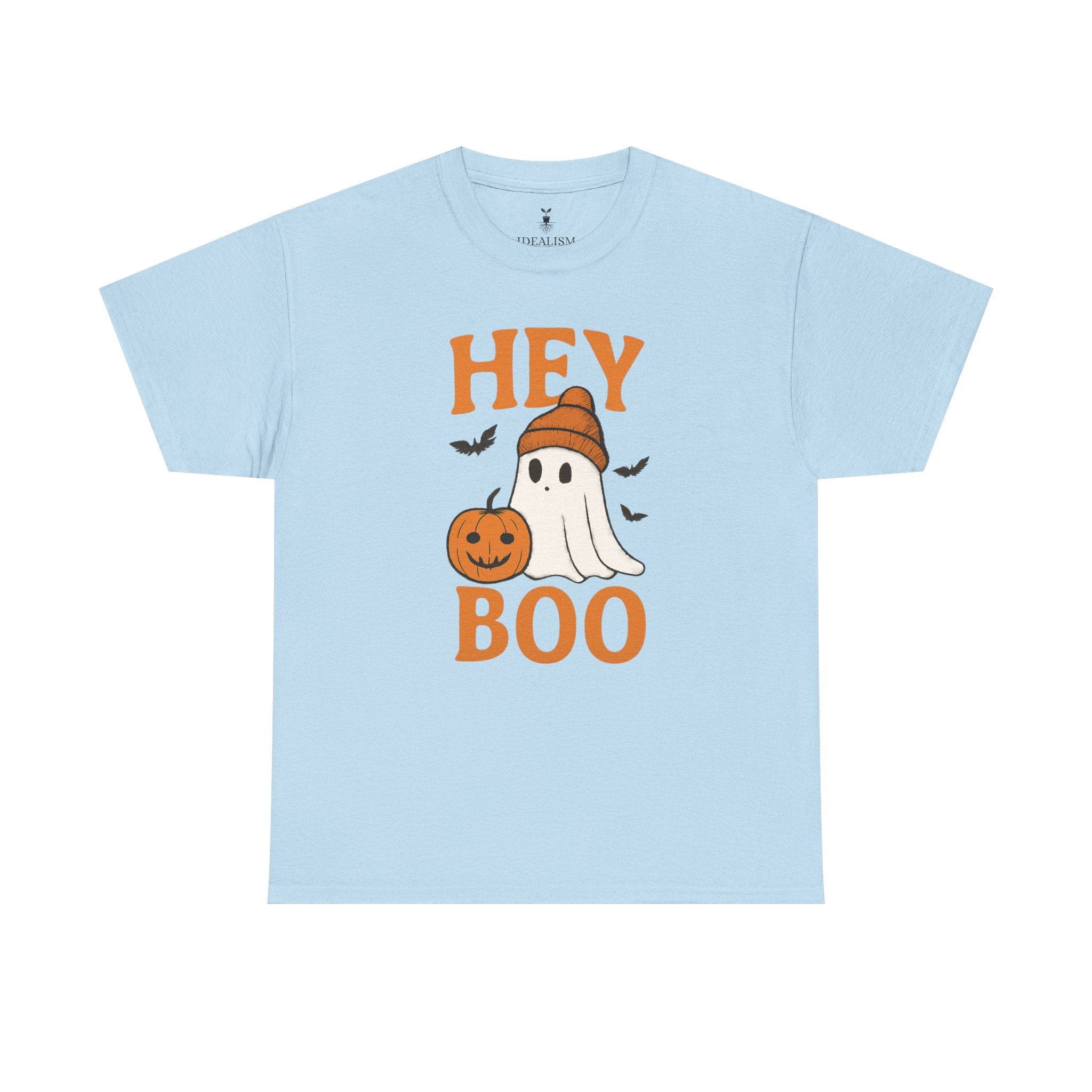 Cute Hey Boo Ghost T-Shirt – Funny Halloween Graphic Tee with Pumpkin Artwork and Spooky Season Aesthetic Design