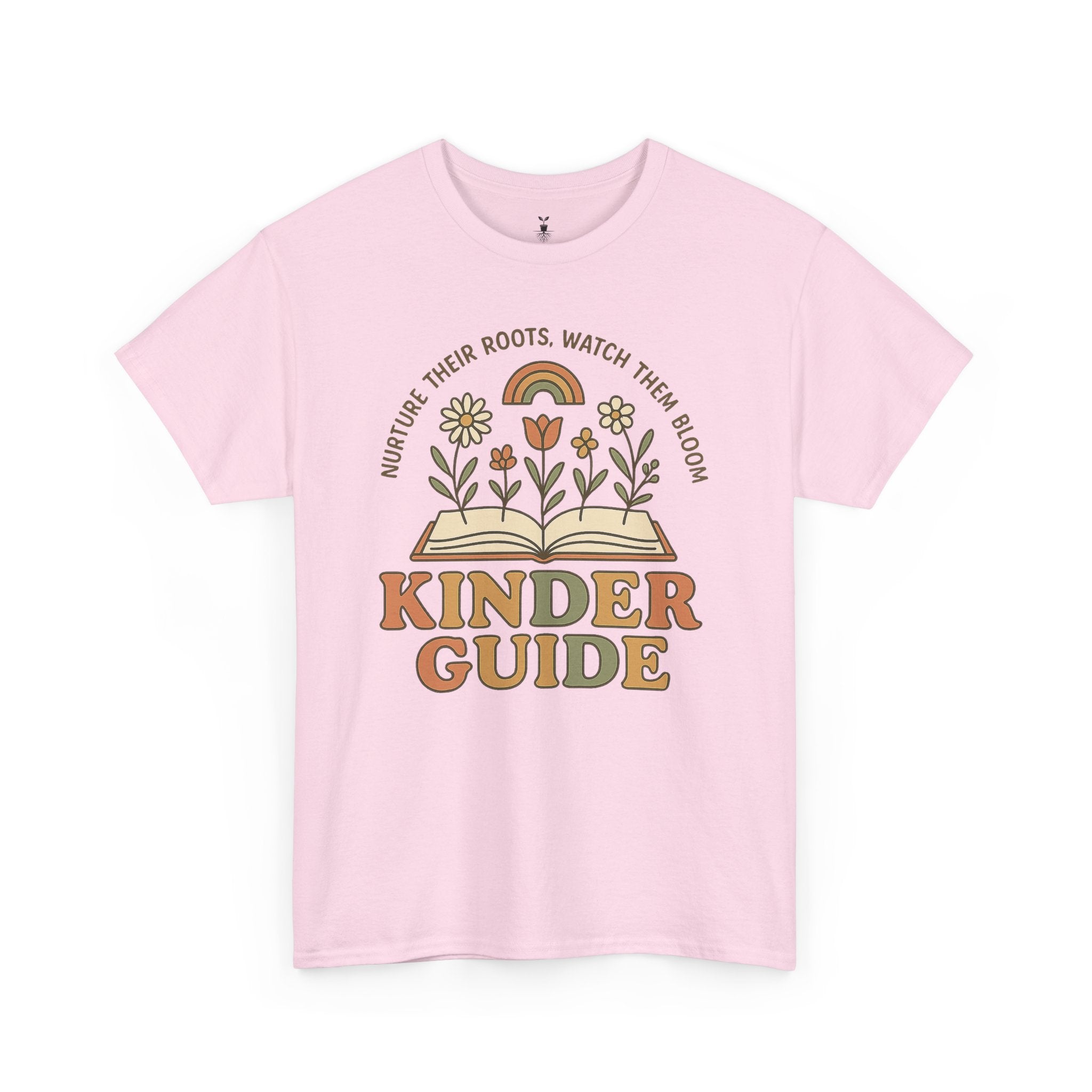 Retro Kinder Guide with Open Book, Blooming Flowers, and Rainbow Inspiration T-Shirt