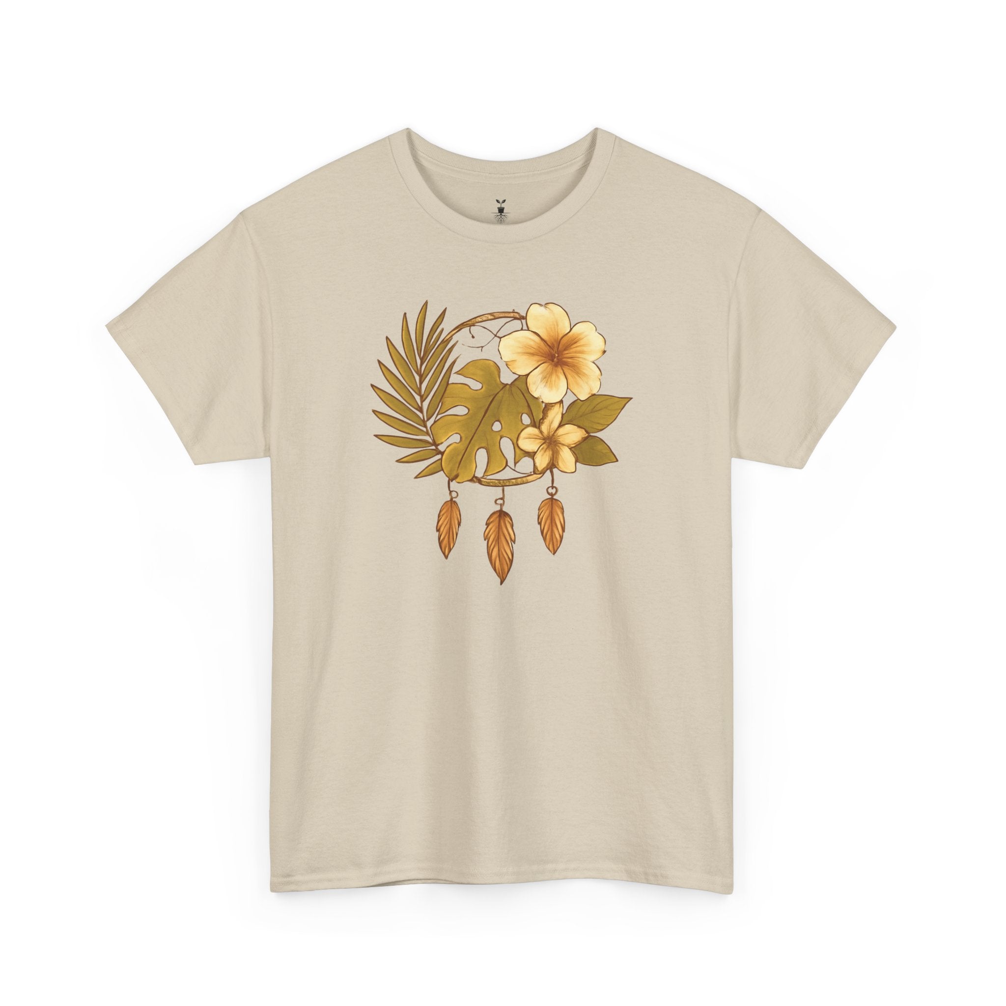Bohemian Floral Graphic Tee – Tropical Hibiscus with Monstera Leaves and Feathers Design, Aesthetic Nature Shirt