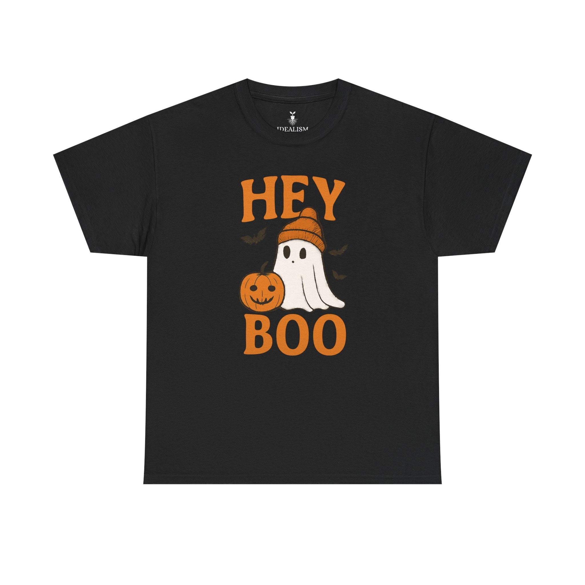 Cute Hey Boo Ghost T-Shirt – Funny Halloween Graphic Tee with Pumpkin Artwork and Spooky Season Aesthetic Design