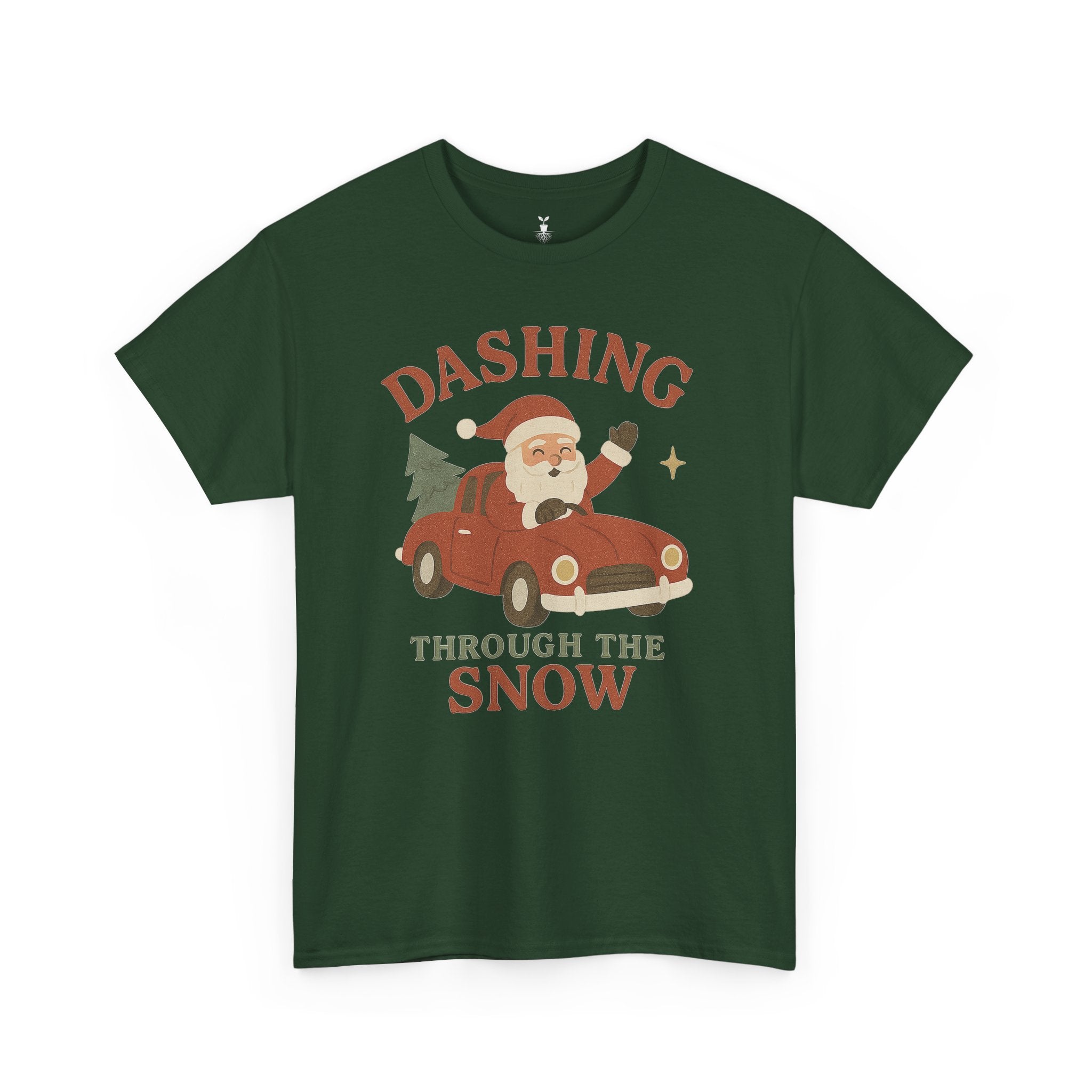 Retro Santa Dashing Through Snow Heavy Cotton T-Shirt – Fun Christmas Graphic with Santa, Car, and Christmas Tree Design
