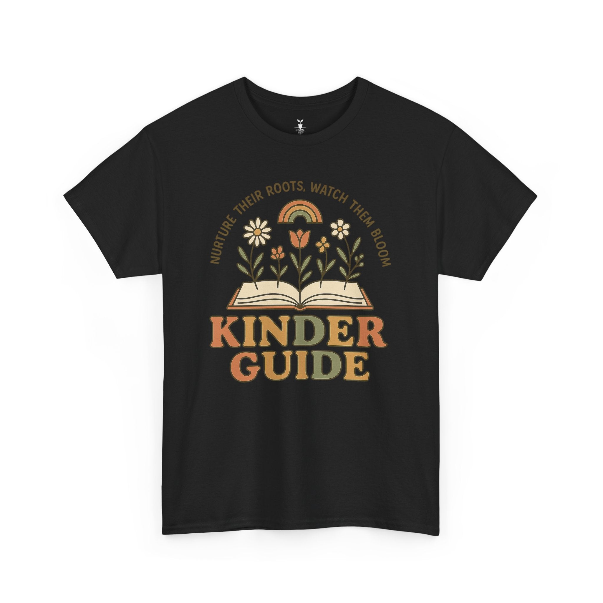Retro Kinder Guide with Open Book, Blooming Flowers, and Rainbow Inspiration T-Shirt